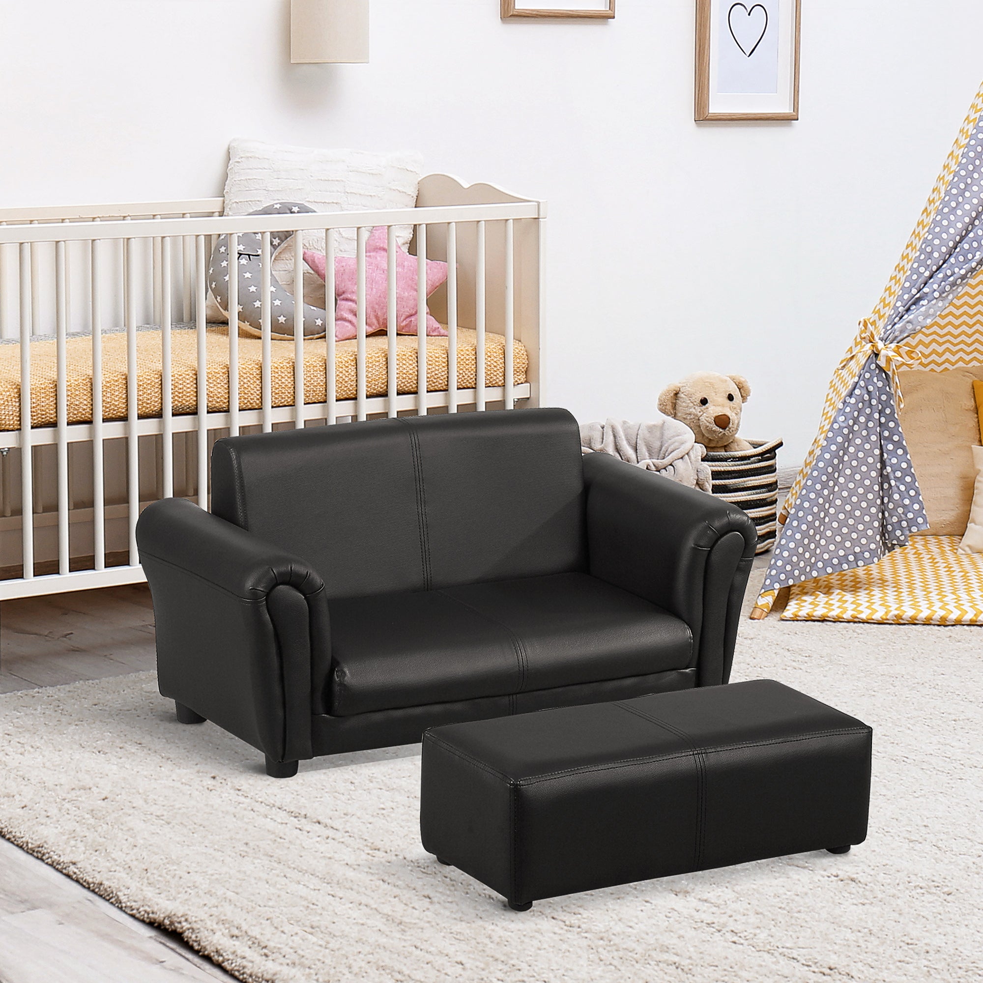 HOMCOM Kids Sofa Bed Kids Twin Sofa Toddler Chair 2 Seater Kids Twin Sofa Chair Boys Girls Couch w/ Footstool (Black) - North Peak Garden Furniture