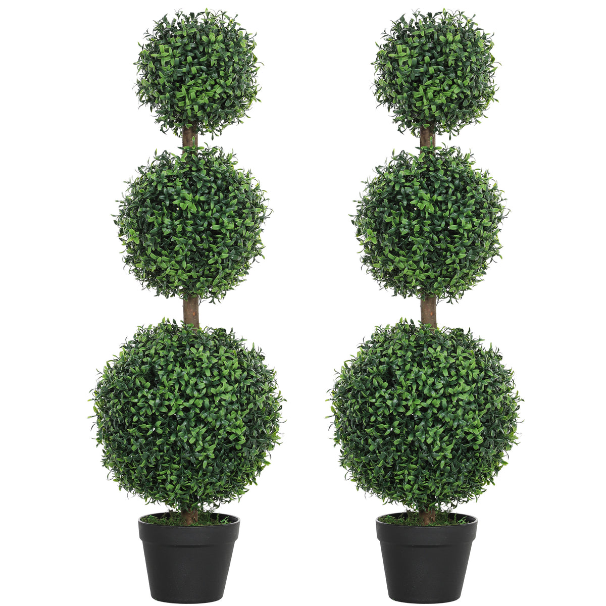 HOMCOM Set of 2 Decorative Artificial Plants, Topiary Ball-shaped Boxwood Trees in Pot, Fake Plants for Home Indoor outdoor Decor, 100cm, Green