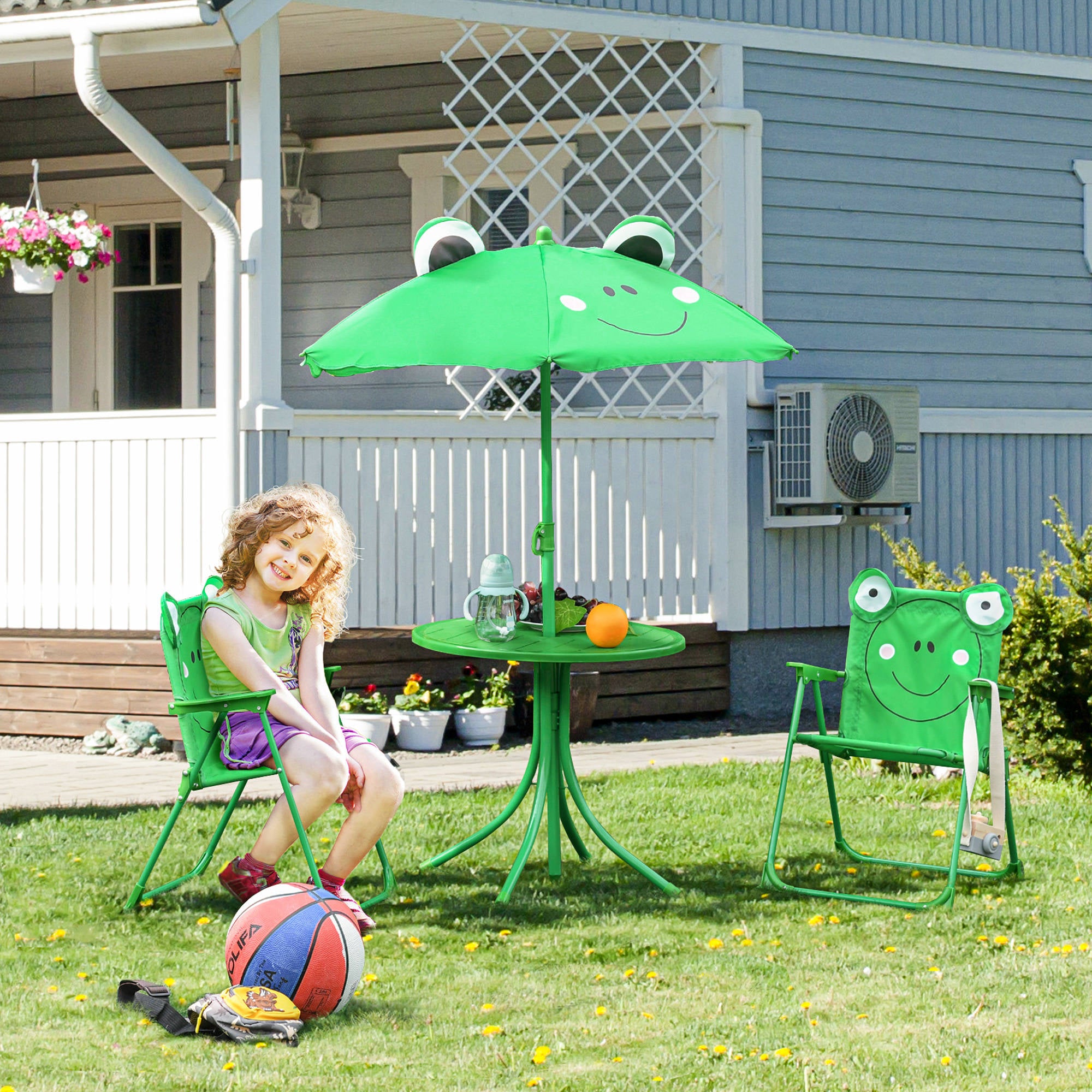Outsunny Kids Outdoor Table and Chairs Garden Furniture Frog Pattern with Removable & Height Adjustable Sun Umbrella, Green - North Peak Garden Furniture
