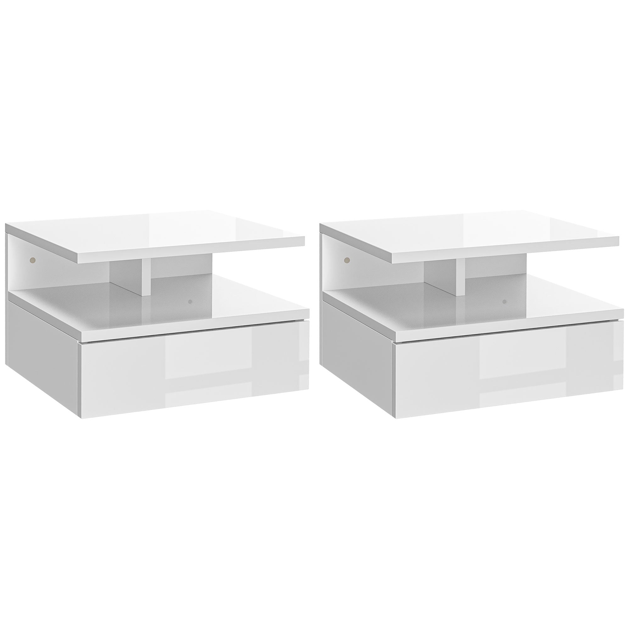 HOMCOM Set of Two Floating High Gloss Bedside Tables - White - North Peak Garden Furniture