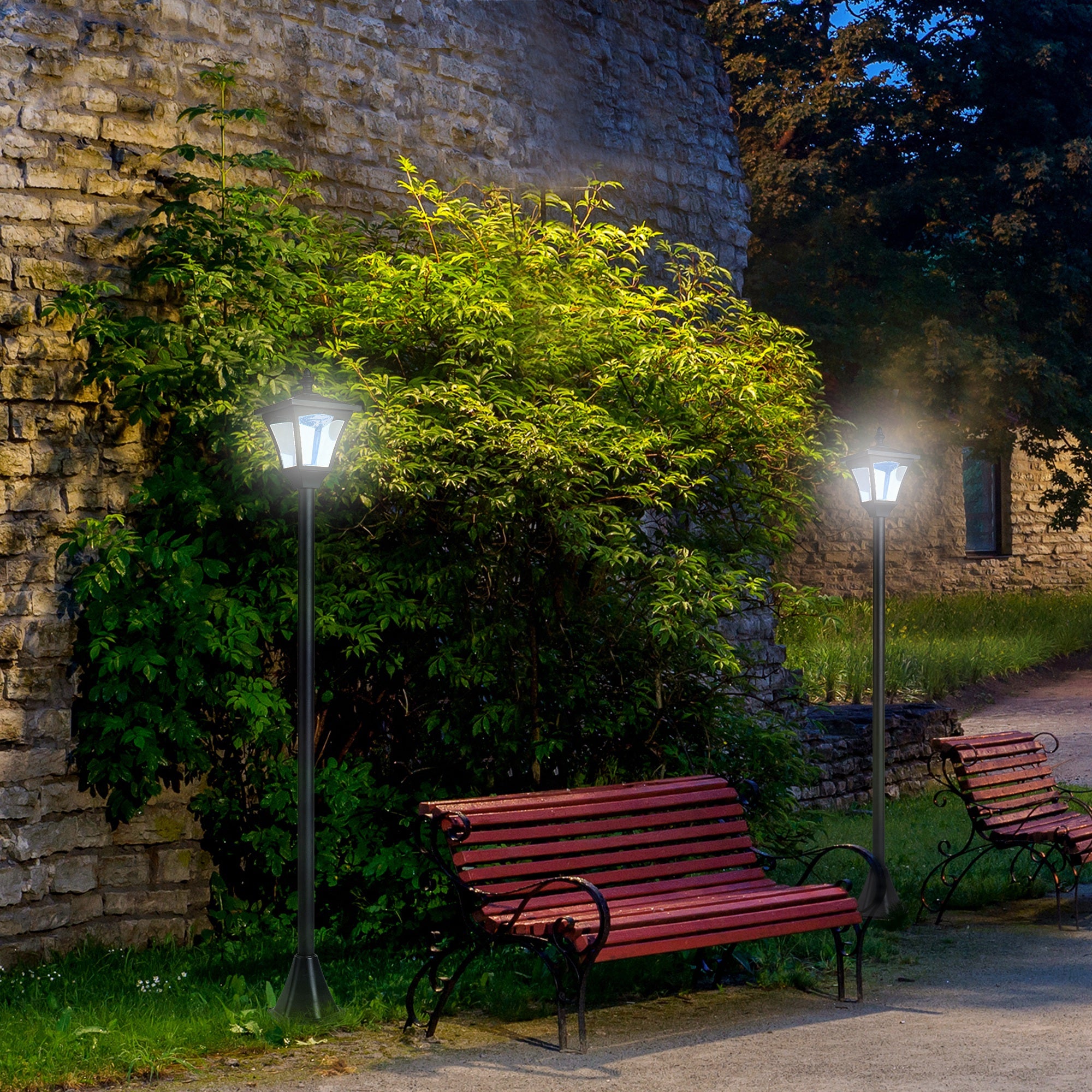 Outsunny Set of 2 Outdoor Garden Solar Post Lamp Sensor Dimmable LED Lantern Bollard IP44 Energy-saving 1.2M Tall, Black - North Peak Garden Furniture