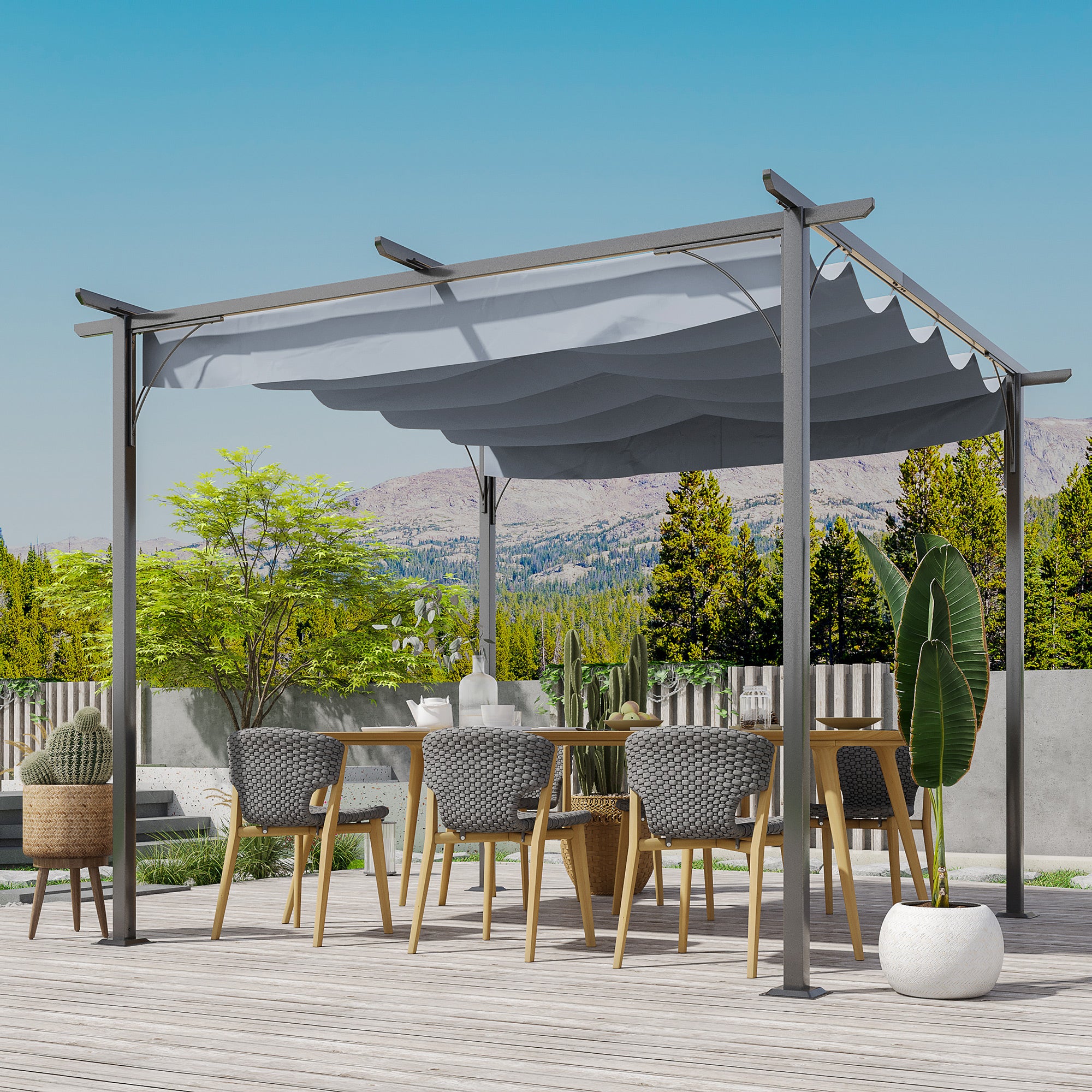 Outsunny 3 x 3(m) Metal Pergola with Retractable Roof, Garden Gazebo Metal Pergola Canopy. Outdoor Sun Shade Shelter for Party BBQ, Grey - North Peak Garden Furniture