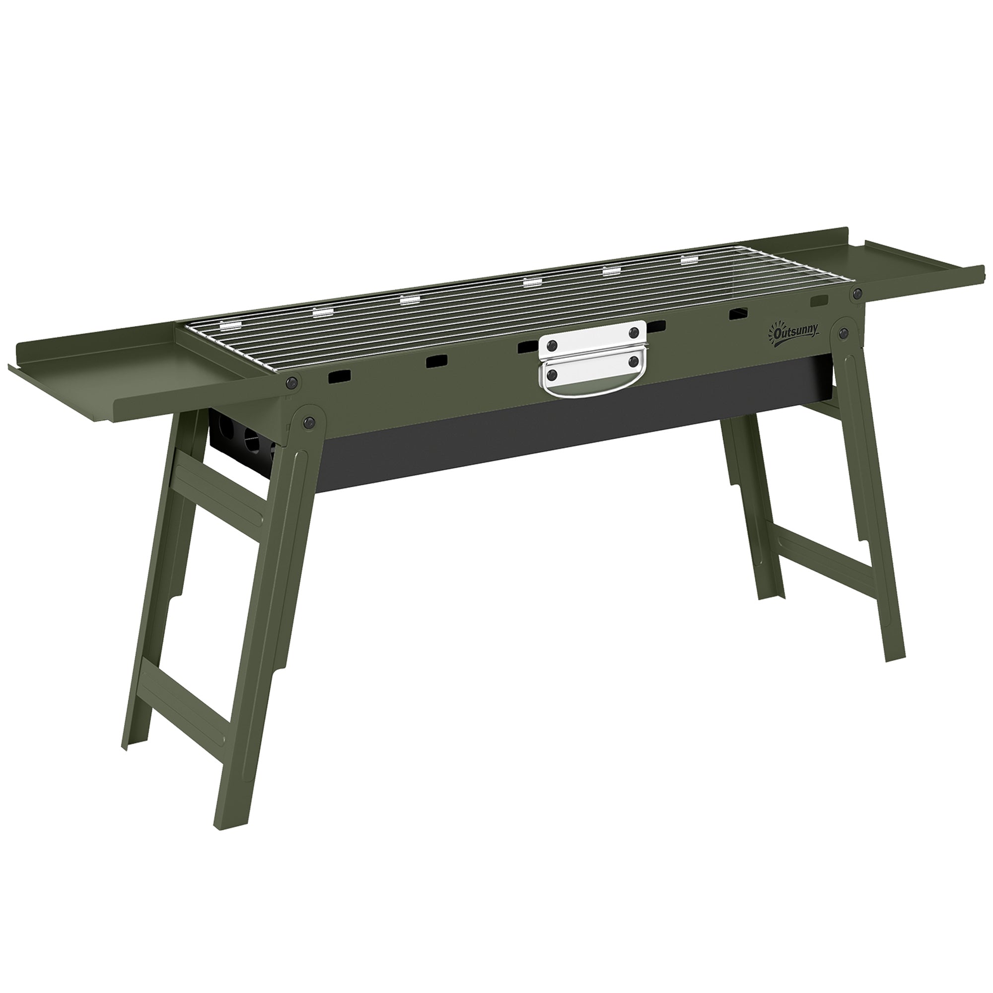 Outsunny Portable BBQ Grill, Foldable Charcoal Grill for Camping and Picnics with 2 Side Shelves and Handle, Green