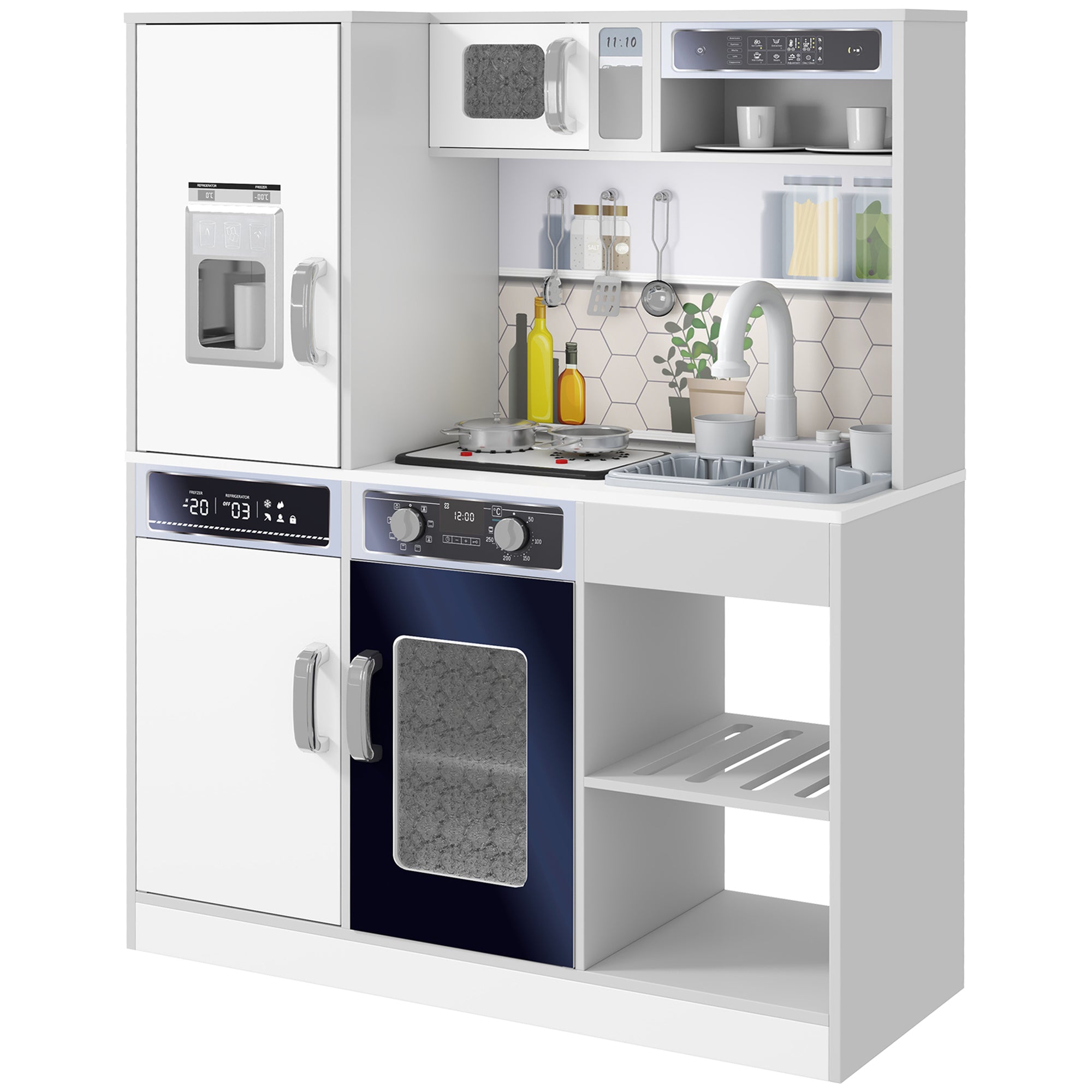 AIYAPLAY Pretend Play Toy Kitchen, Kids Kitchen Playset w/ Sounds and Lights Running Water, Coffee Maker, Refrigerator - North Peak Garden Furniture