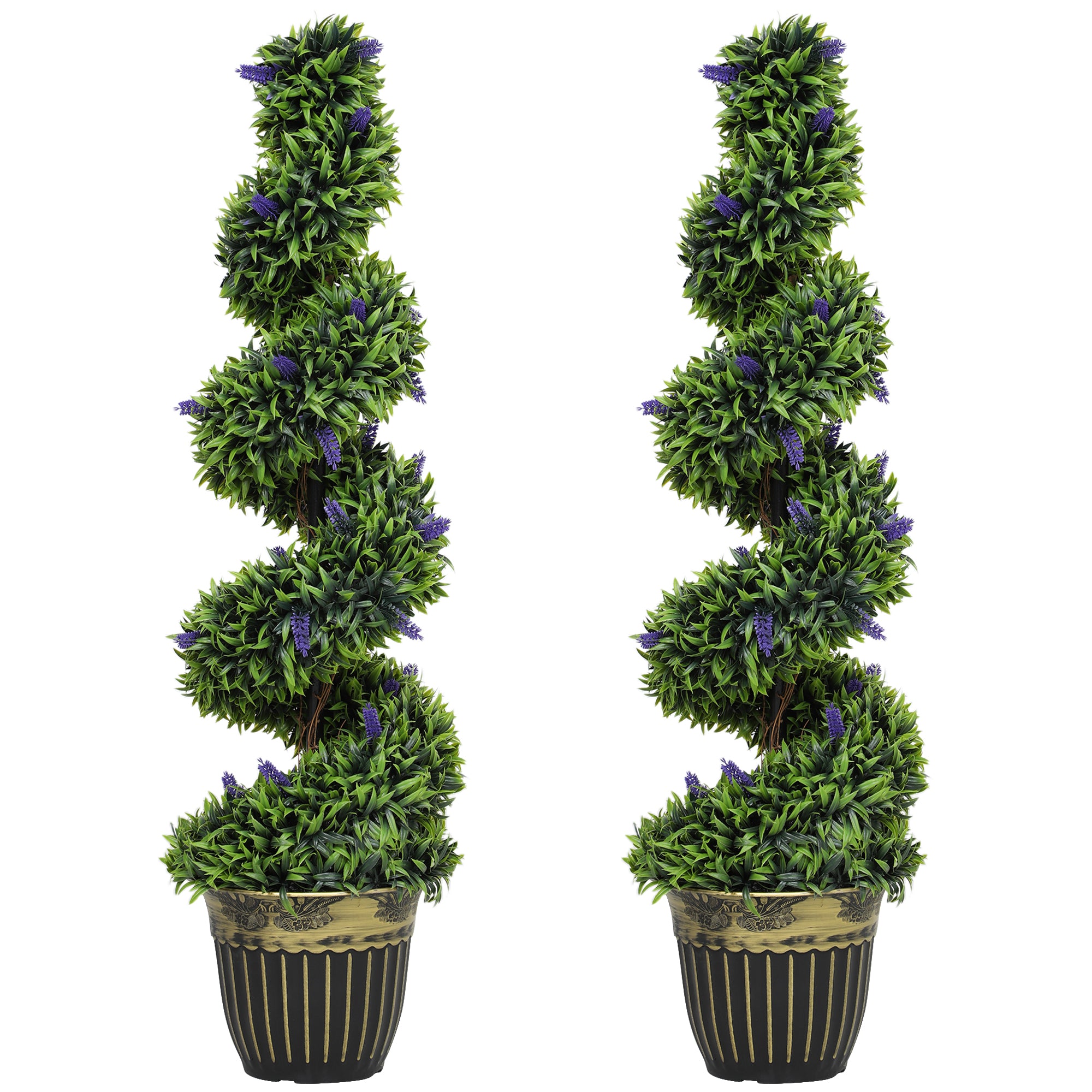 HOMCOM Set of 2 Decorative Artificial Plants, Boxwood Spiral Topiary Tree with Lavender and Pot, Fake Plants for Home Indoor Outdoor Decor, 115cm - North Peak Garden Furniture