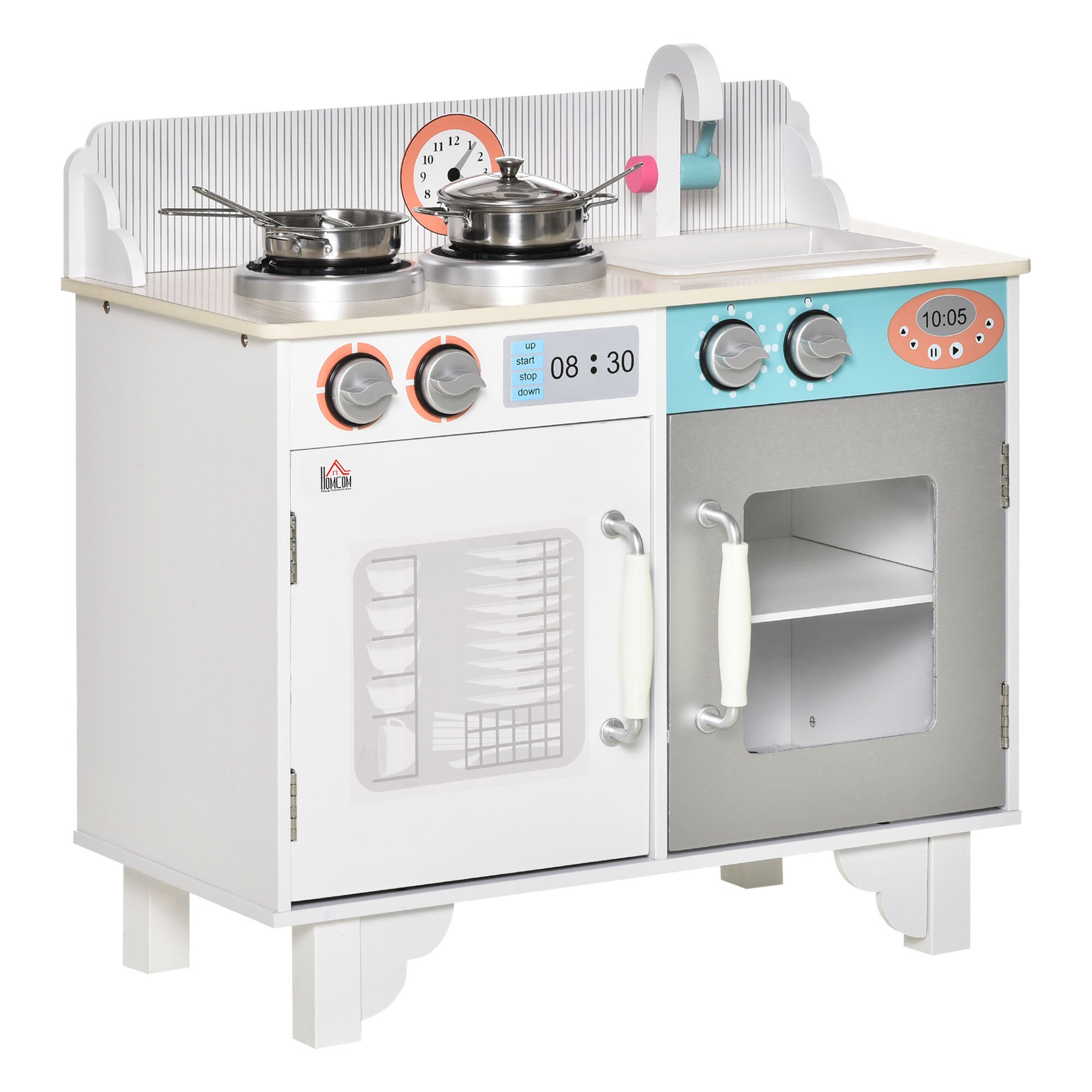 HOMCOM Kids Wooden Play Kitchen Toy Cooking Set Pretend Role Playset, with, Cooking Bench, Stainless Steel Pot for 3-6 Years - North Peak Garden Furniture