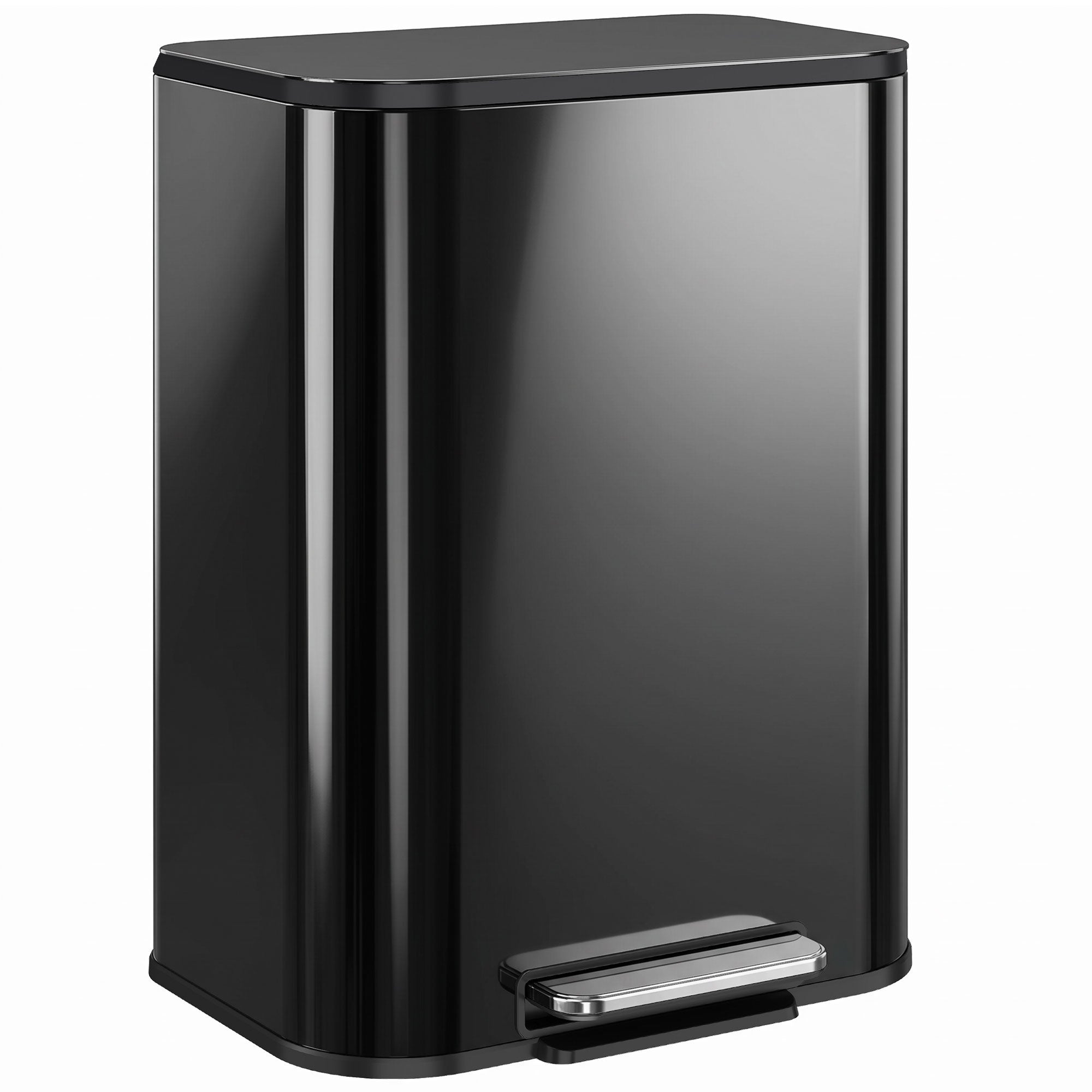 HOMCOM 50L Kitchen Bin, Metal Pedal Rubbish Bin with Soft Close and Stay-Open Lid, Removable Inner Bucket, High Gloss Black