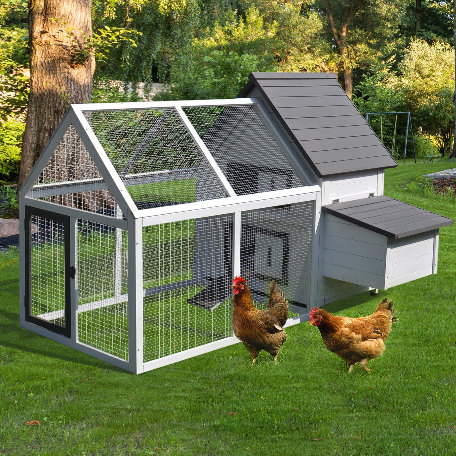 PawHut Chicken Coop with Run Wooden Hen House Pet Poultry Coops Cages Small Animal Outdoor Pen with Nesting Box 166 x 124 x 112cm - North Peak Garden Furniture