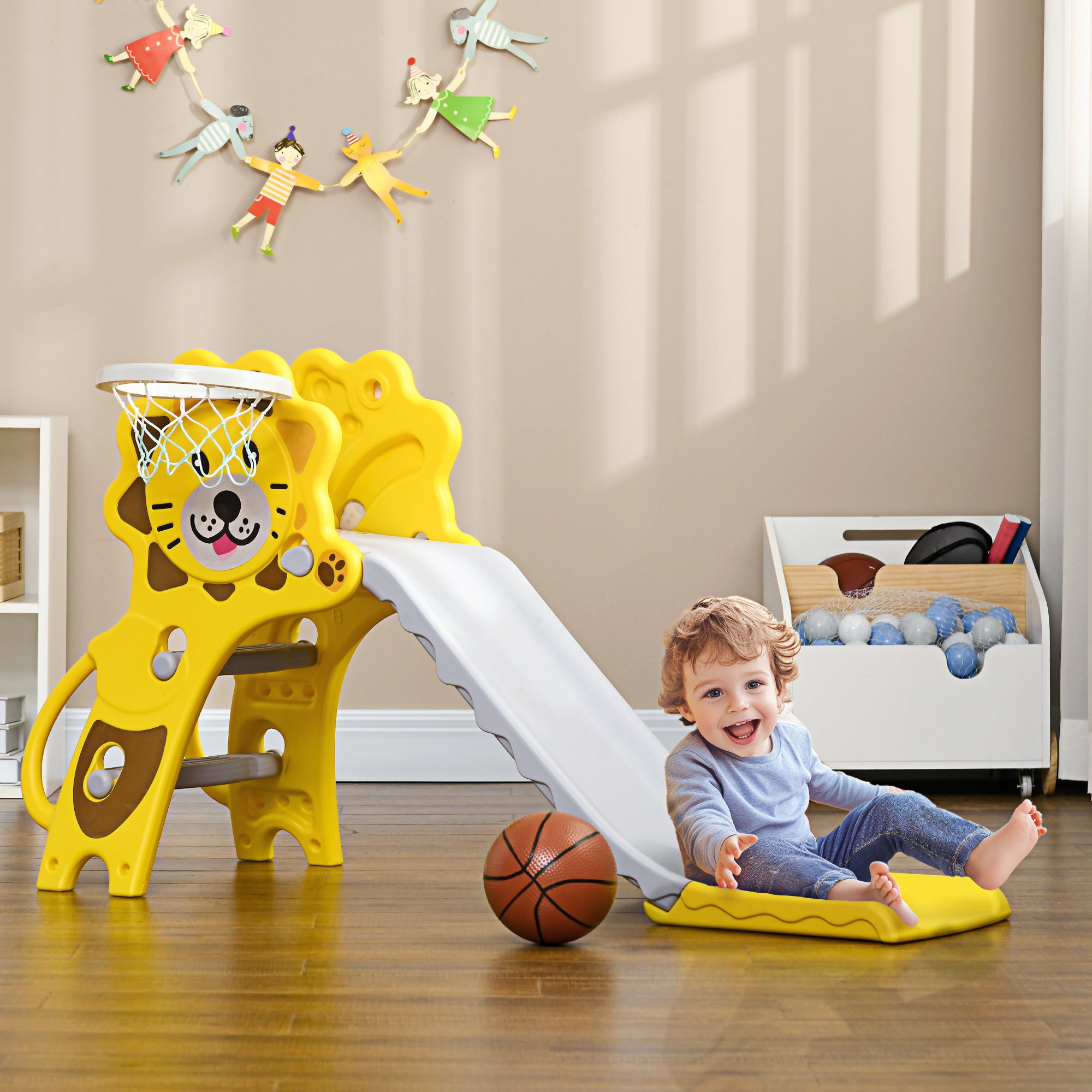 AIYAPLAY Baby Slide with Basketball Hoop, Easy to Assemble Kids Slide for Indoor Use, for Ages 18-36 Months - Yellow - North Peak Garden Furniture
