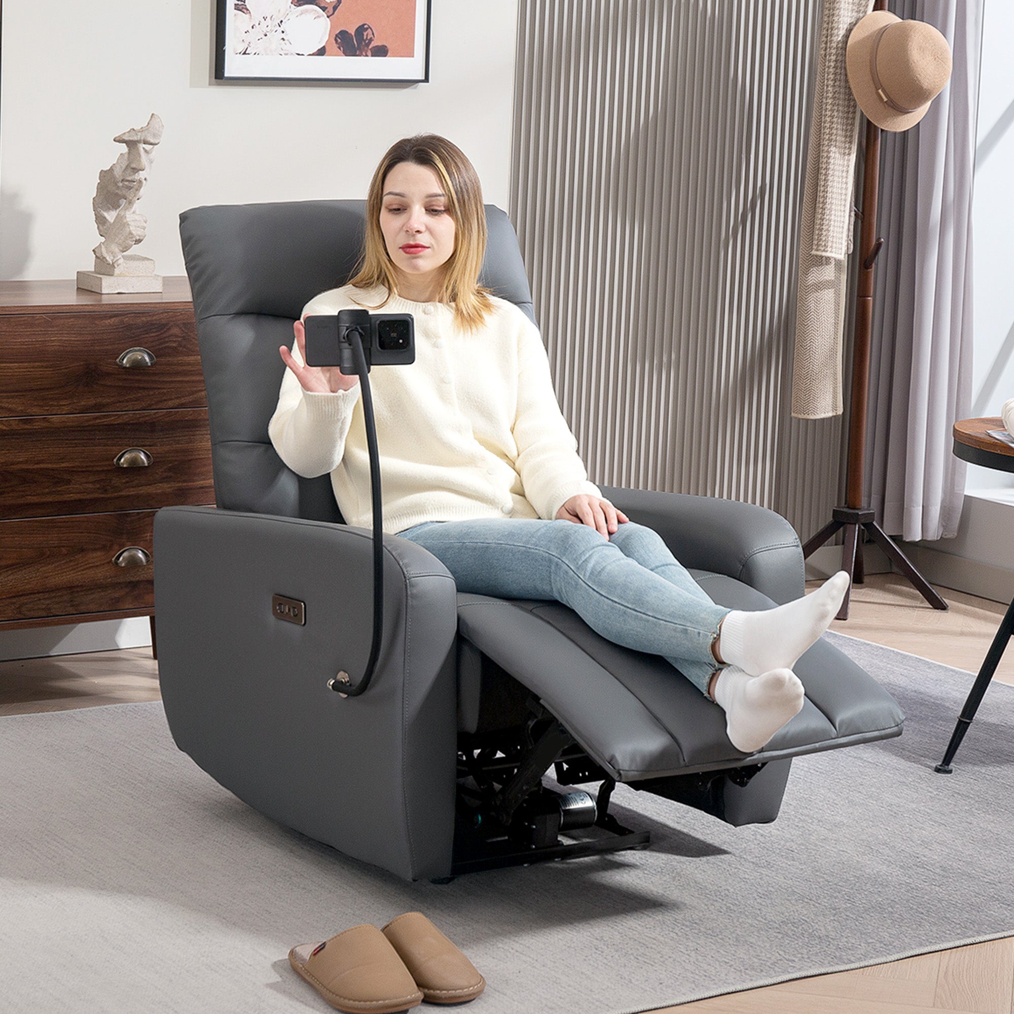 HOMCOM Electric Recliner Armchair with USB + Type C Charge Port, Phone Holder, PU Leather Reclining Chair with Adjustable Leg Rest, Recliner Chair for Home Living Room Theater, Grey - North Peak Garden Furniture