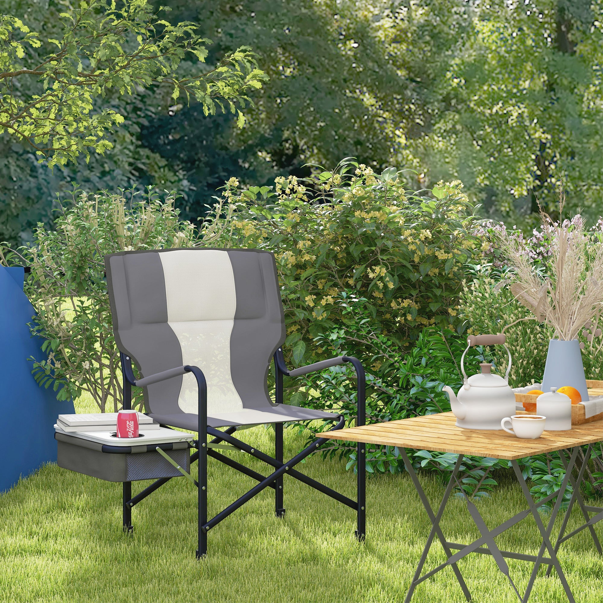 Outsunny Folding Aluminium Camping Chair, with Cooler Bag Table - Grey - North Peak Garden Furniture