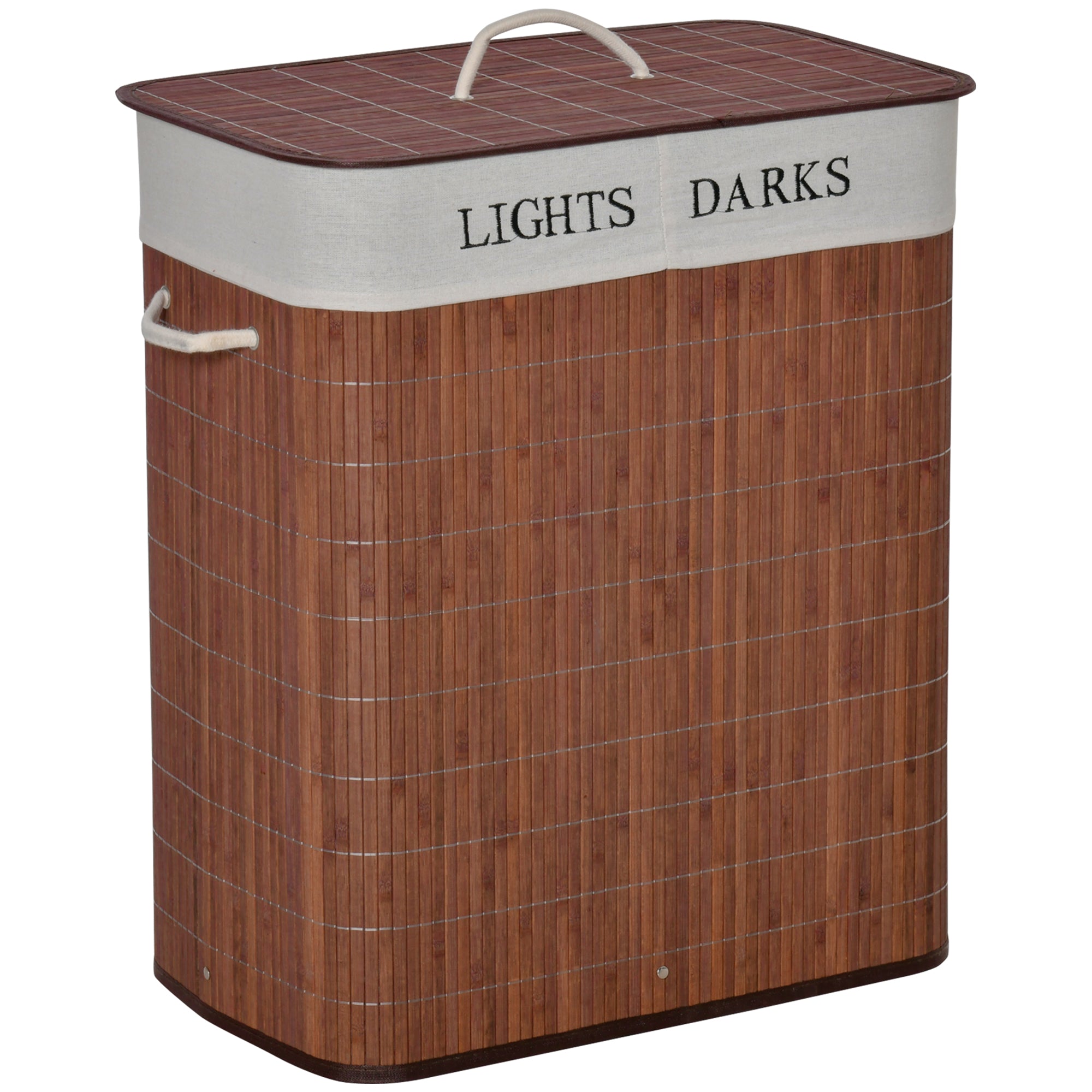 HOMCOM 100L Laundry Basket with Lid String Handles, 2 Section Collapsible Hamper Removable Lining Foldable Water-Resistant Dirty Clothes Storage, Brown - North Peak Garden Furniture