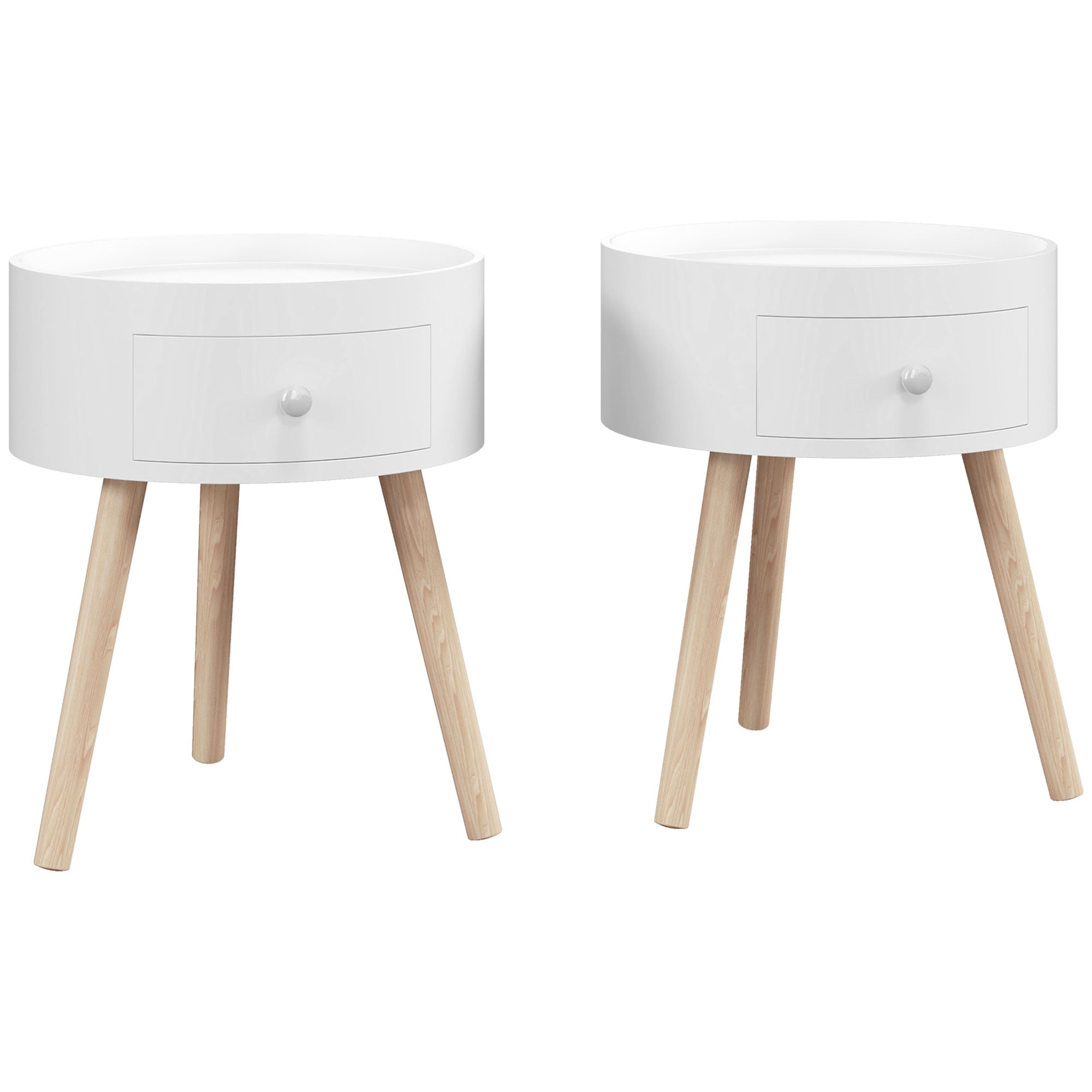 HOMCOM Modern Side Table, Small Coffee Table, Round Bedside Table with Drawer and Wood Legs for Living Room, Bedroom, Set of 2, White - North Peak Garden Furniture