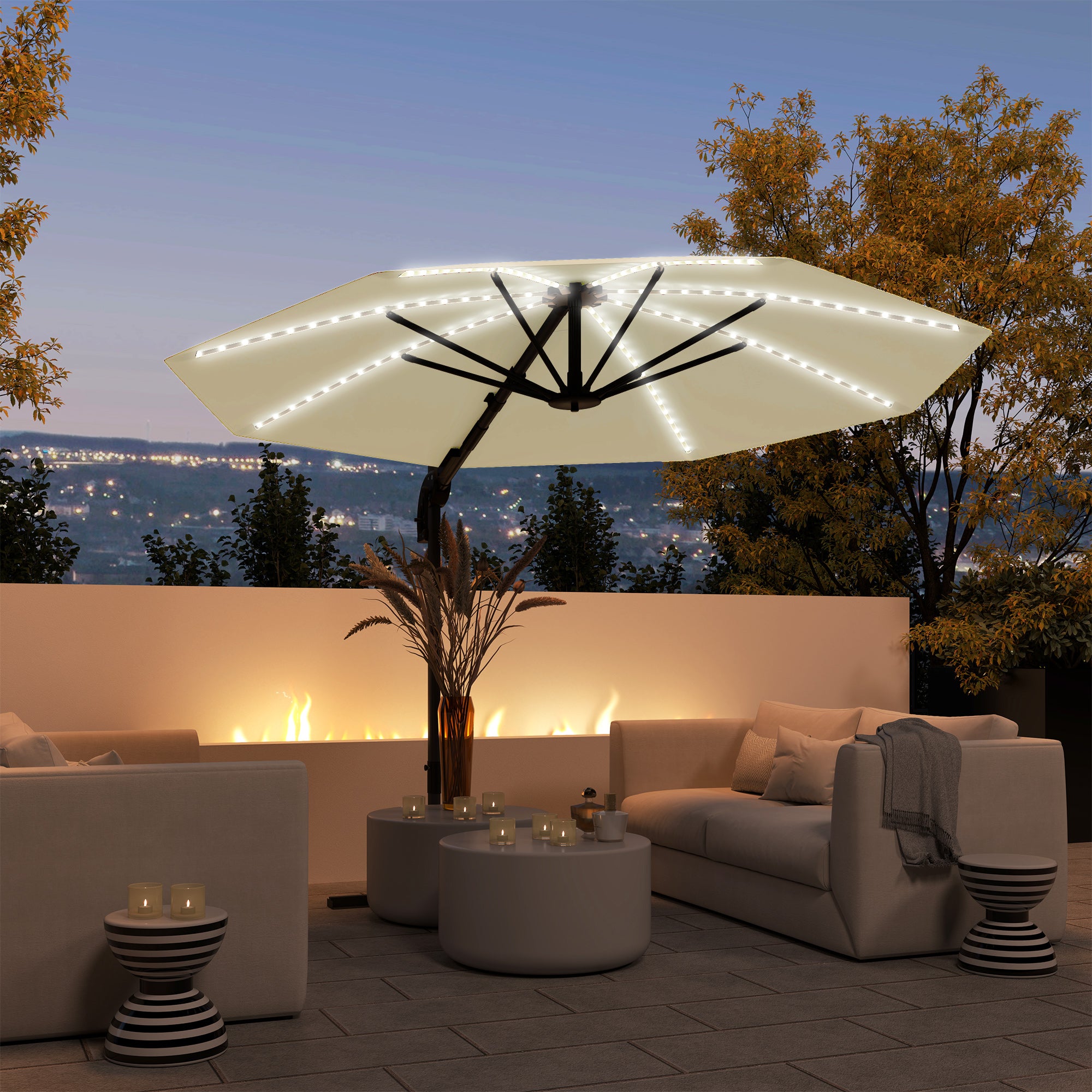 Outsunny 3(m) Cantilever Garden Parasol with Solar Powered Lights, Crank Handle & Cross Base, UPF 50+, 360° Rotation, Cream - North Peak Garden Furniture