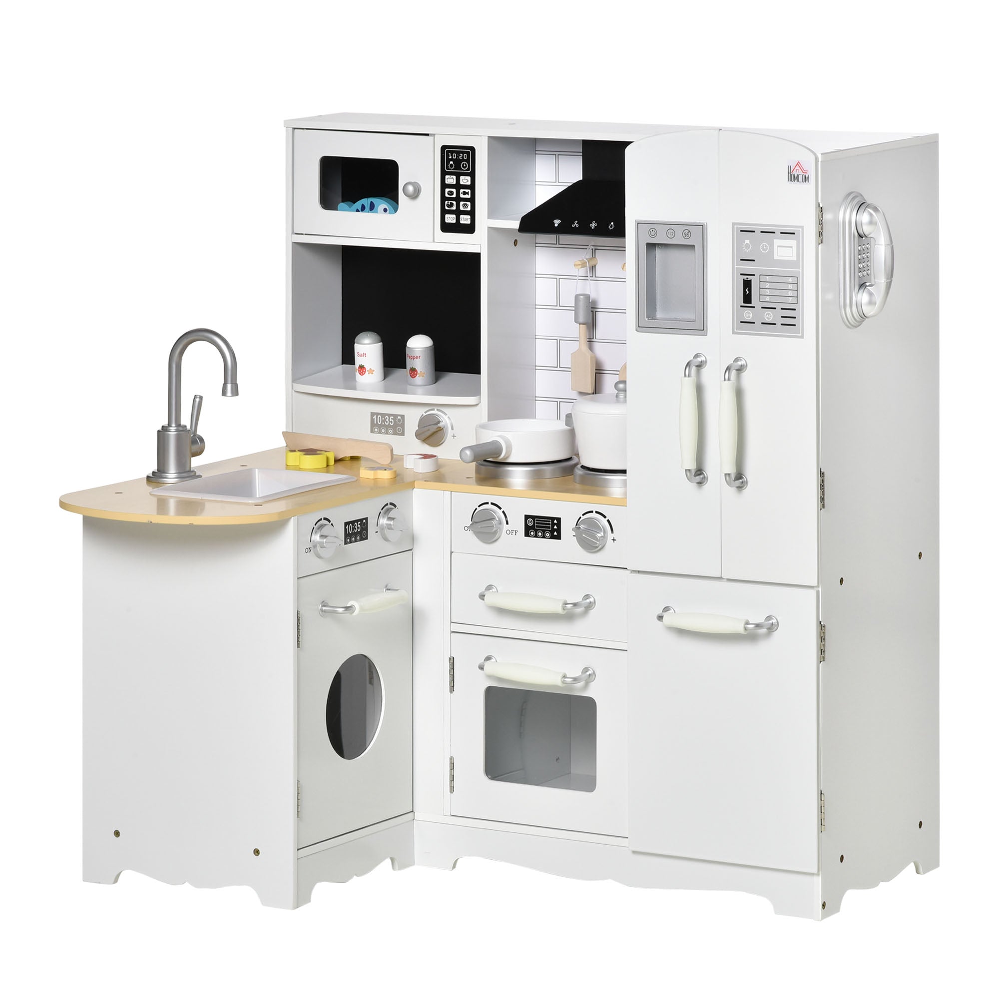 HOMCOM Kids Kitchen Playset, Large Pretend Role Play Kitchen, White - North Peak Garden Furniture