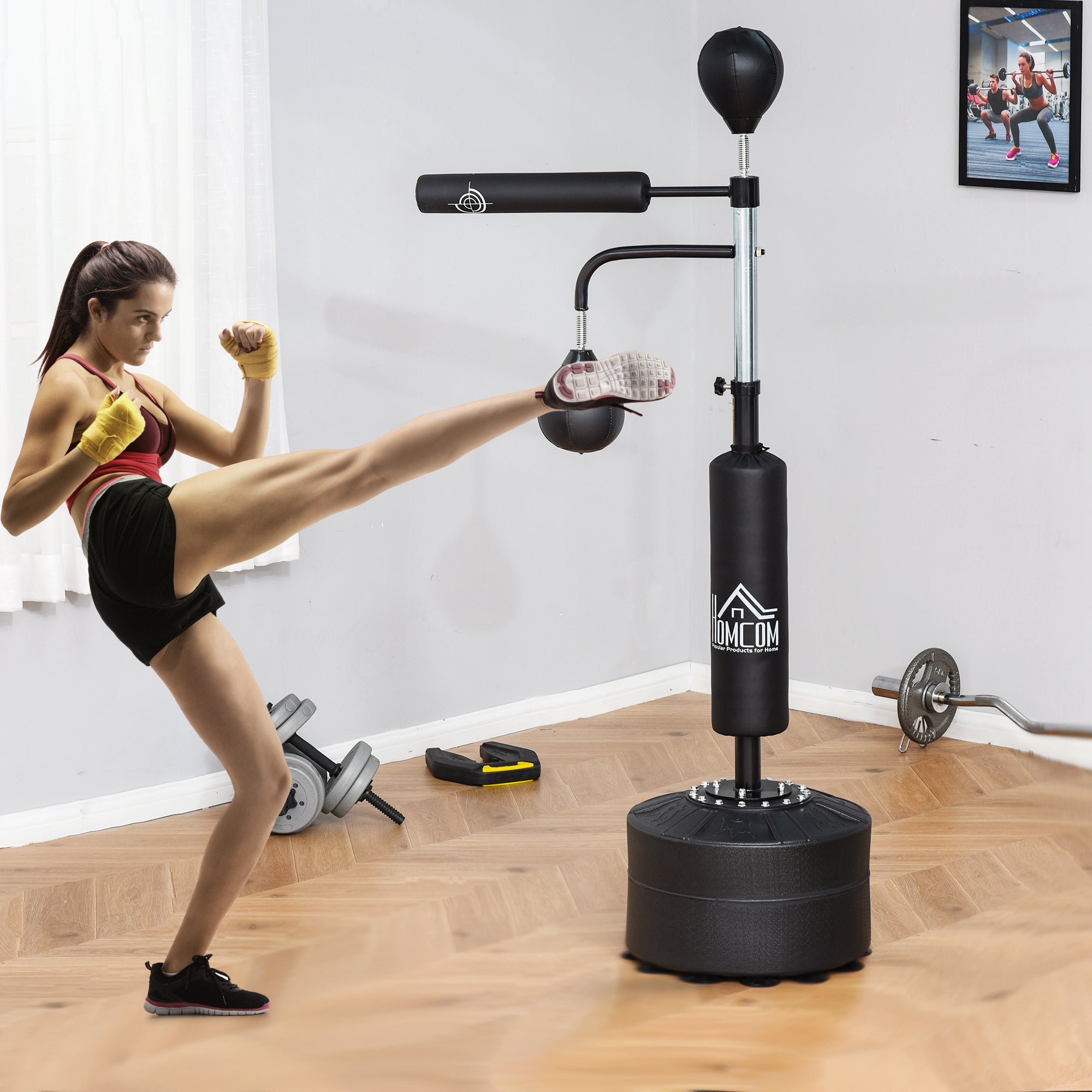 HOMCOM 3-in-1 Boxing Punching Bag, Freestanding with 2 Speed Bals, 360° Reflex Bar, 160-230cm Adjustable Height, Black - North Peak Garden Furniture