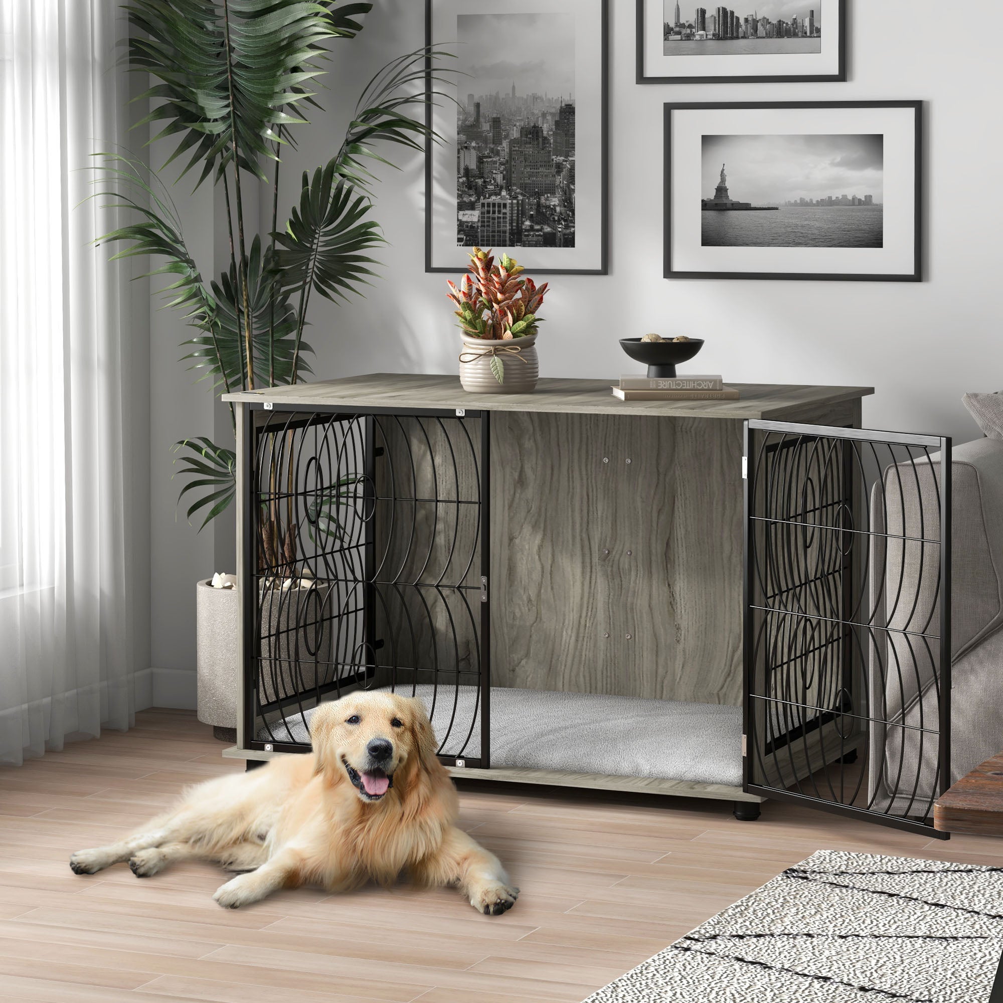 PawHut Dog Crate Furniture End Table w/ Plush Washable Cushion, Lockable Door, for Extra Large Dogs - North Peak Garden Furniture