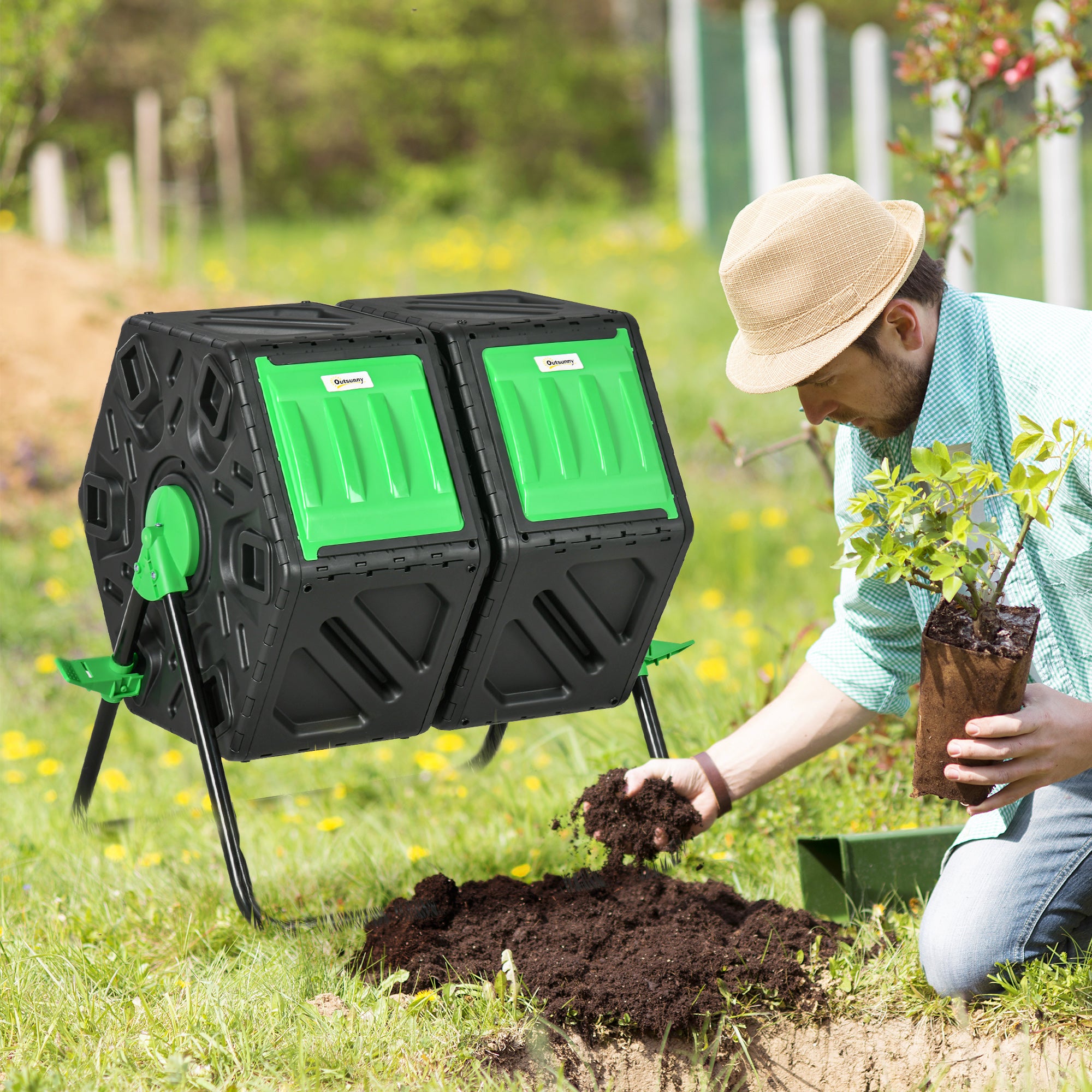 Outsunny Dual Chamber Garden Compost Bin, 130L Rotating Composter, Compost Maker with Ventilation Openings and Steel Legs - North Peak Garden Furniture