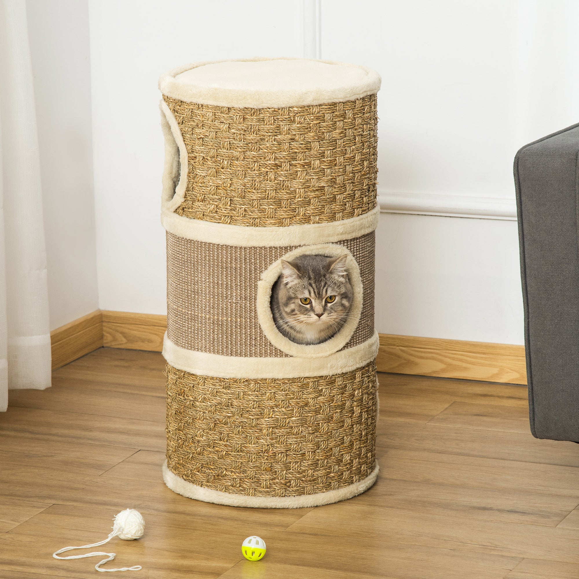 PawHut Cat Scratching Barrel Kitten Tree Tower for Indoor Cats Pet Furniture Climbing Frame Covered with Sisal and Seaweed Rope Cozy Platform Soft Plush - North Peak Garden Furniture