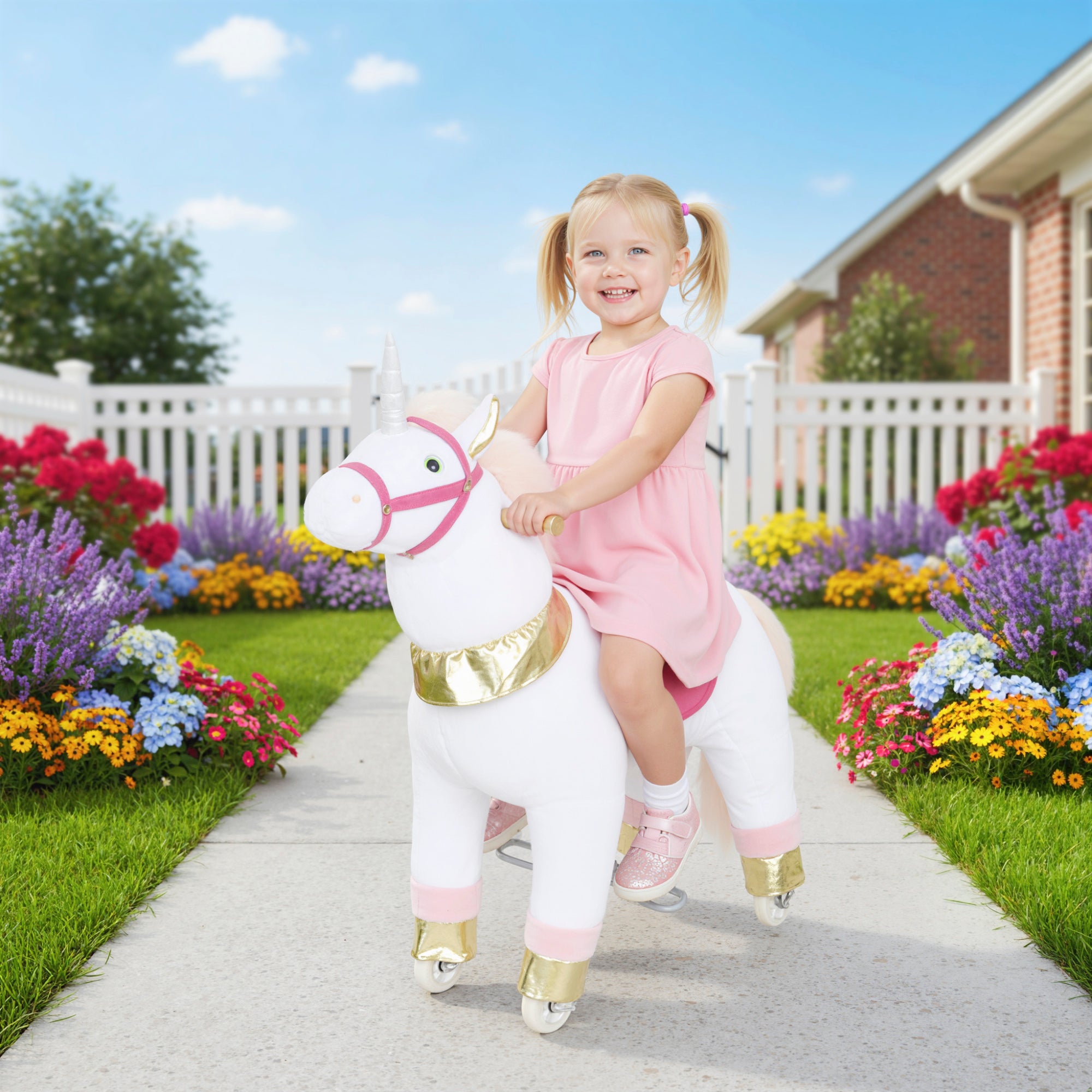 AIYAPLAY Kids Rocking Horse, Plush Walking Horse with Wheels, Ride On Unicorn Toy for Ages 3-5 Years Old, White
