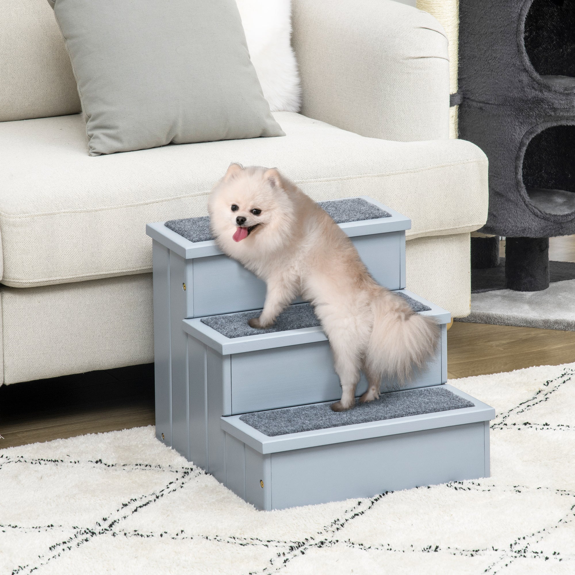 PawHut 3 Step Wooden Dog Steps Pet Stairs for Dogs, Cat Ladder for Bed Couch with Storage Grey - North Peak Garden Furniture