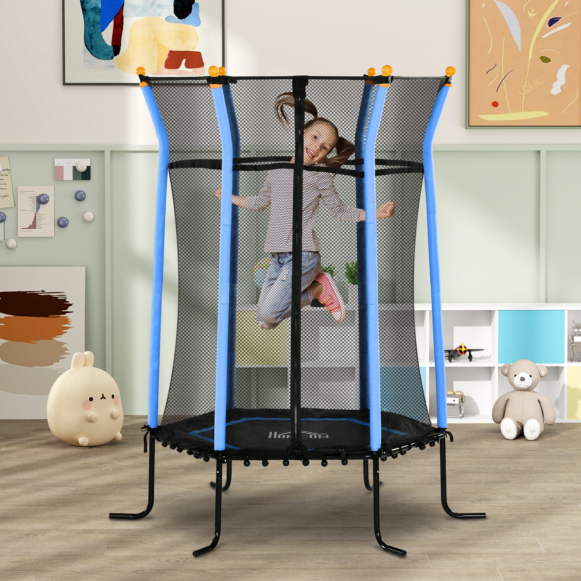 HOMCOM Kids Trampoline Mini Bouncer with Enclosure Safety Net For Ages 3-10 Years - Blue - North Peak Garden Furniture
