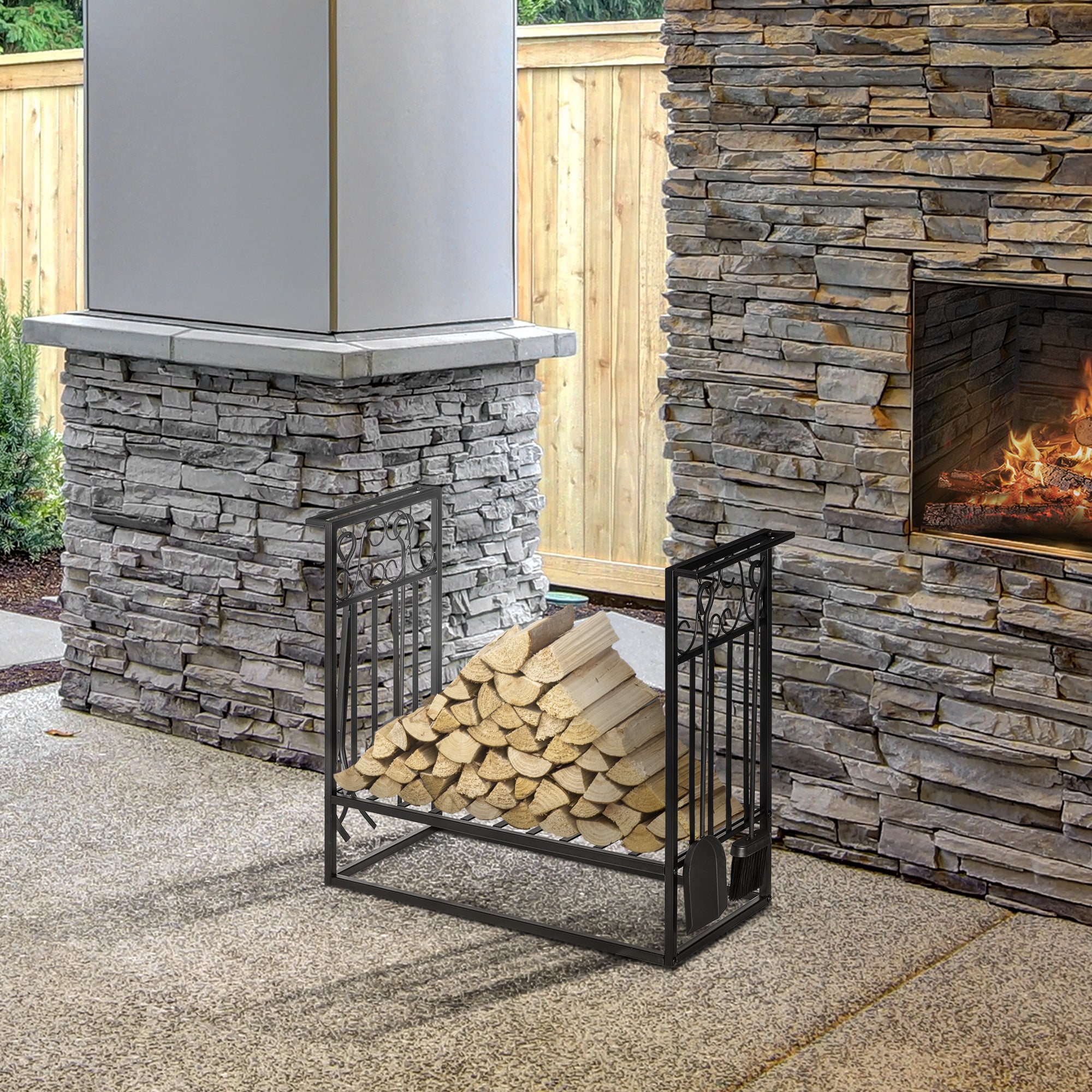 HOMCOM Steel Firewood Log Holder Indoor Outdoor Firewood Rack Fireplace Wood Storage Shelf with 4 Tools, Hooks, Scrolls, Rust-Resistant, Black, 75L x 30W x 60H cm - North Peak Garden Furniture
