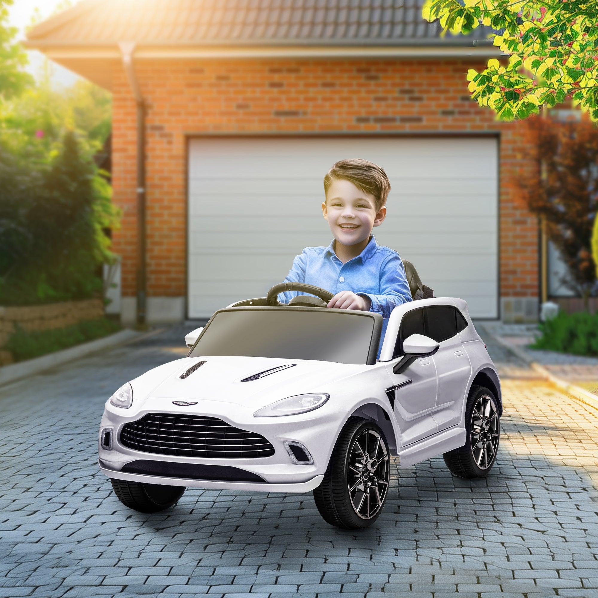 AIYAPLAY Aston Martin DBX Licensed Battery Powered Kids Electric Car, 12V Kids Ride on Car w/ Lights, Music Horn, White - North Peak Garden Furniture