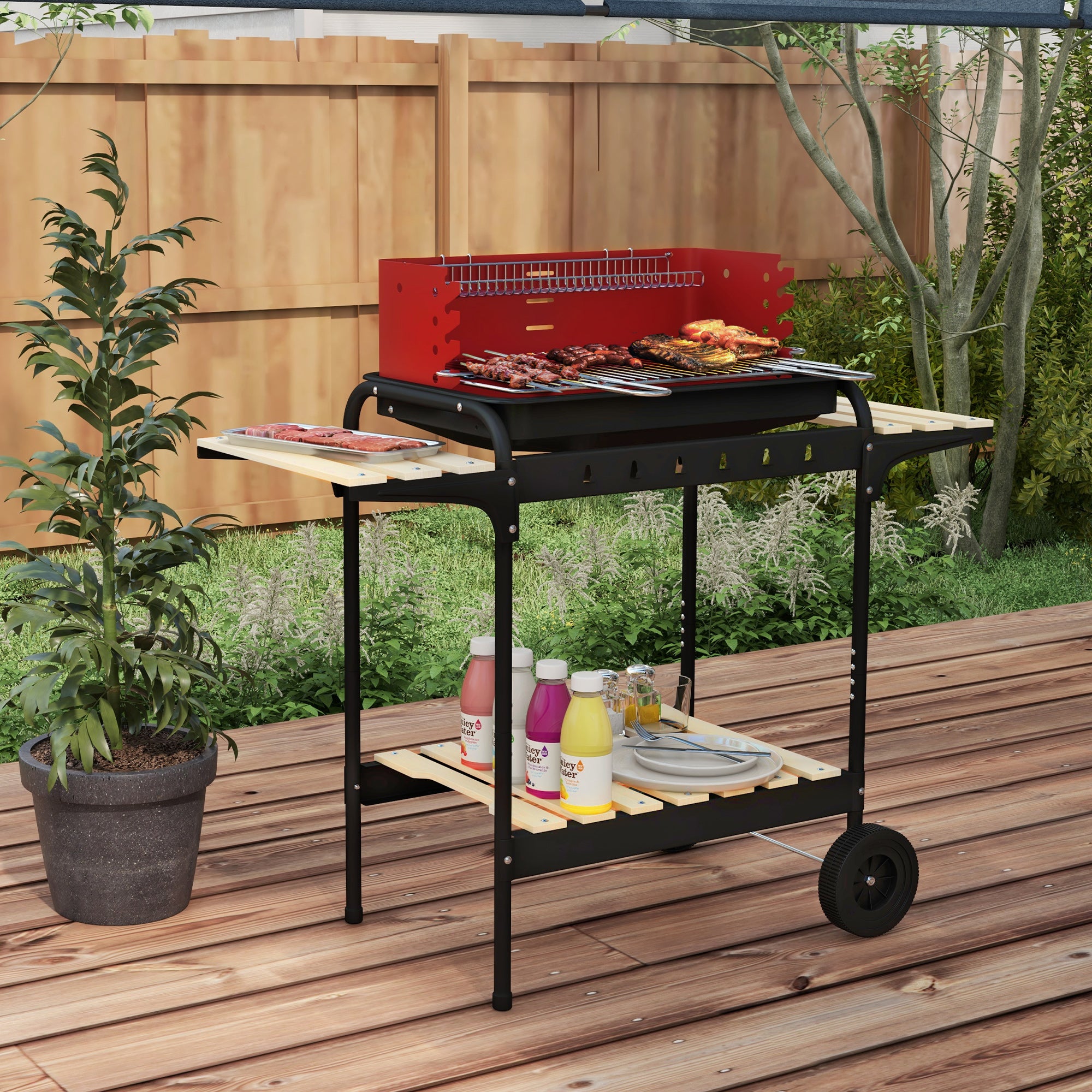 Outsunny Charcoal BBQ, with Five Position Grill Grate - Red - North Peak Garden Furniture