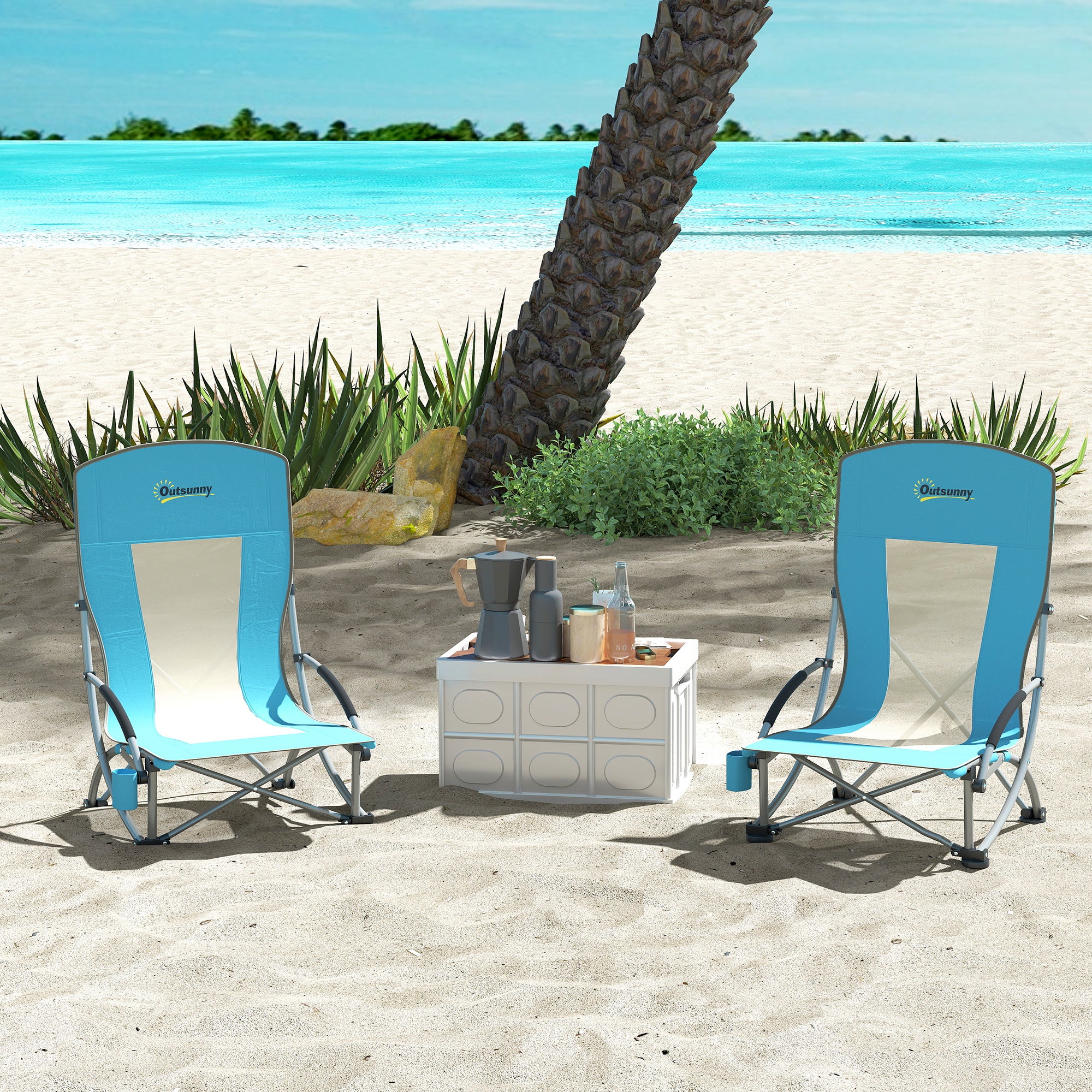 Outsunny Set of 2 Folding Beach Chair, Low Camping Chair with Mesh Back, Carry Bag and Cup Holder for Garden Outdoor Picnic Festival Travel, Blue - North Peak Garden Furniture