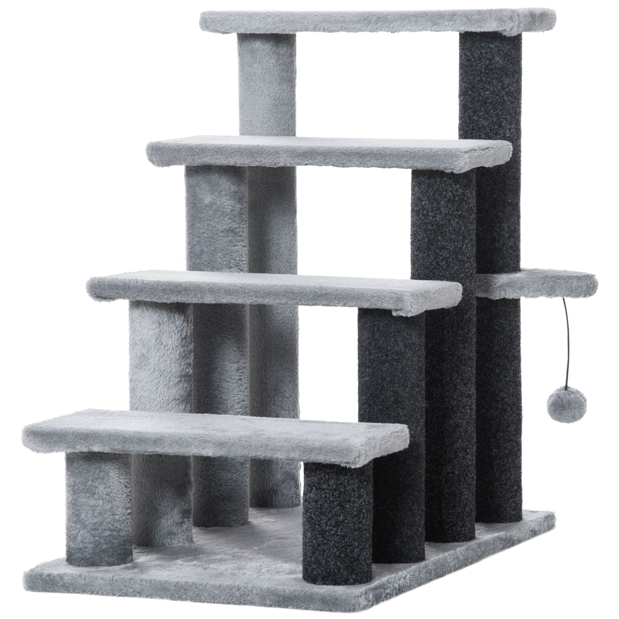 PawHut 4-step Pet Stairs with Scratching Posts, Platforms, Toy Ball, Grey - North Peak Garden Furniture