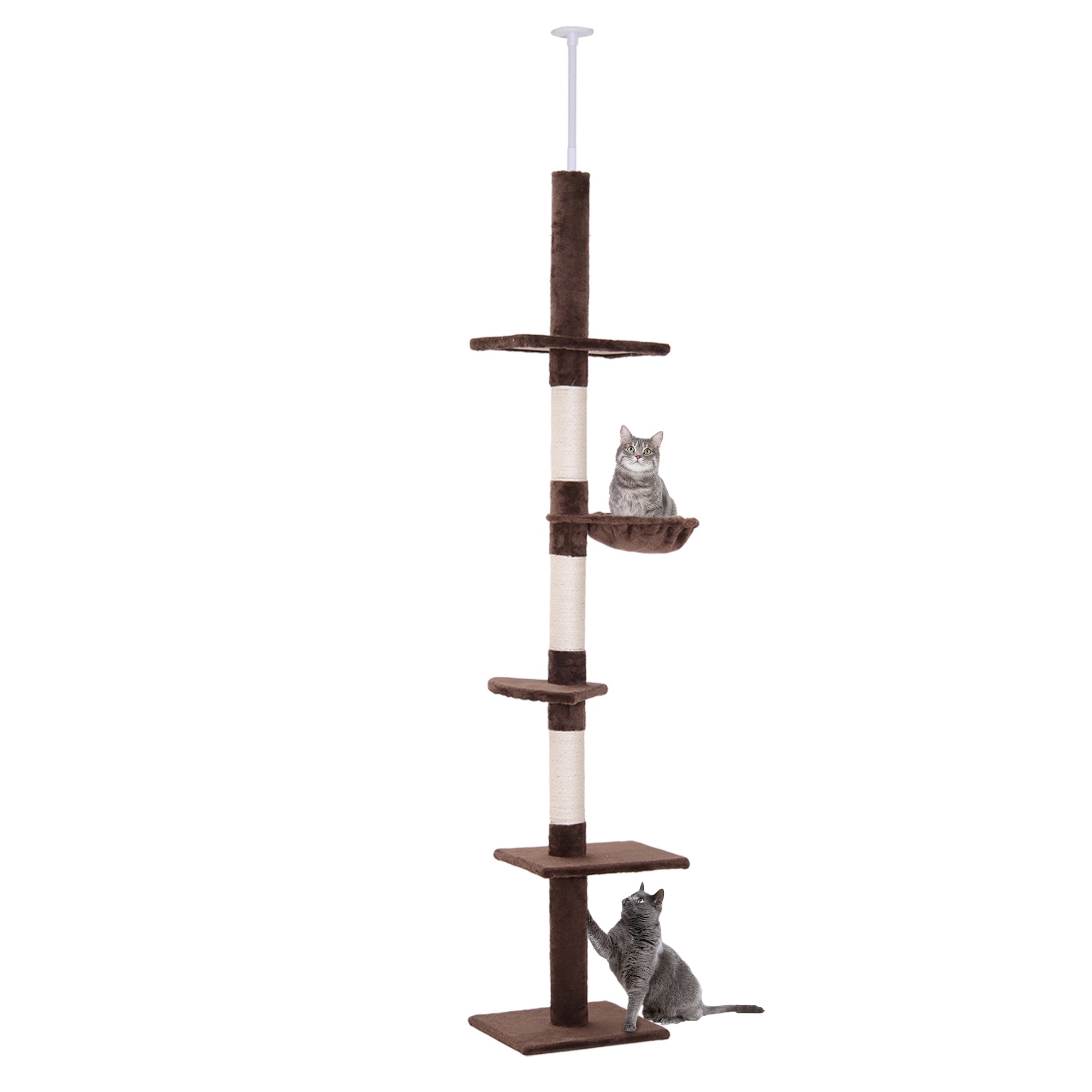 PawHut Floor to Ceiling Cat Tree for Indoor Cats 5-Tier Kitty Tower Climbing Activity Center Scratching Post Adjustable Height 230-260 cm Brown - North Peak Garden Furniture