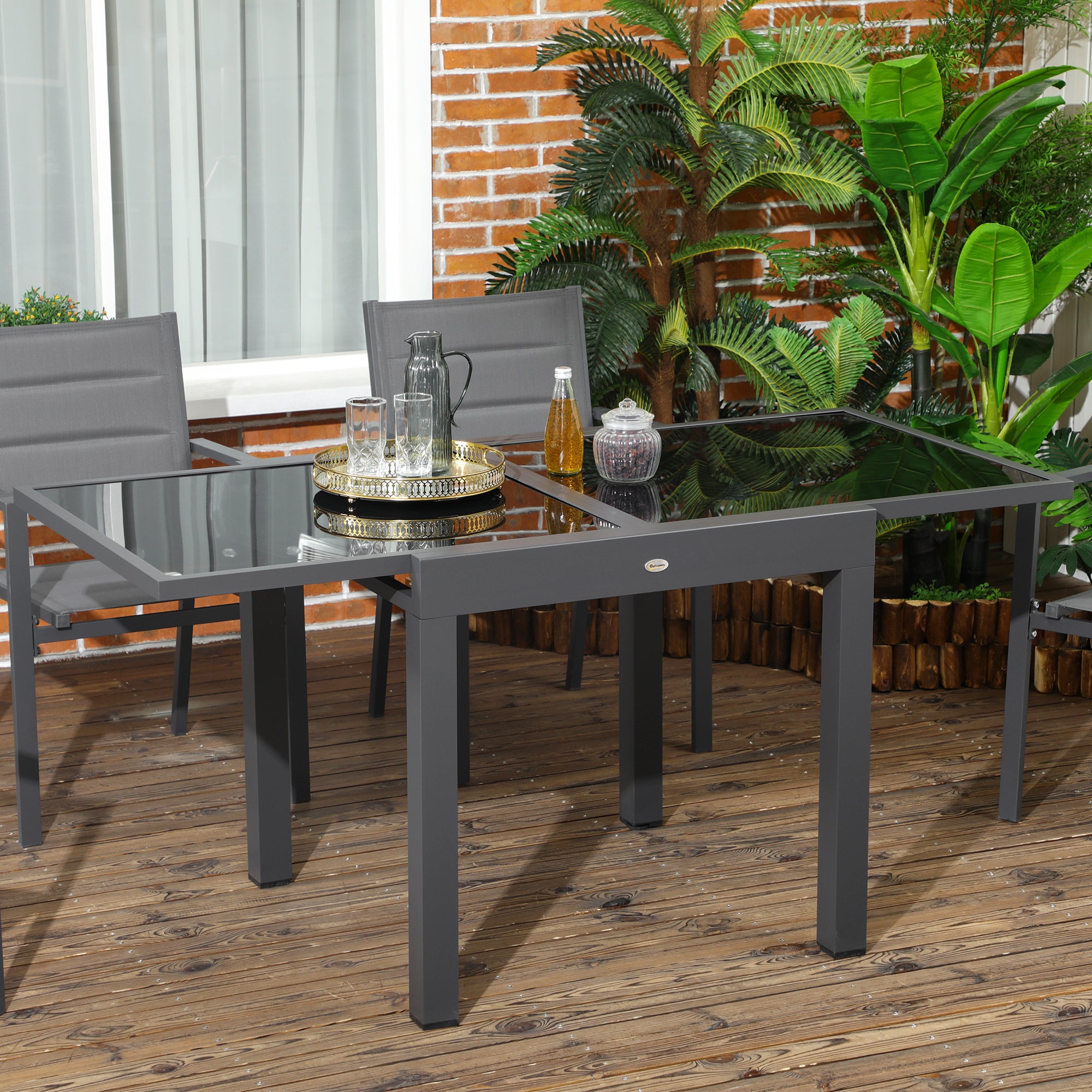 Outsunny Extending Garden Table, Outdoor Dining Table with Aluminium Frame and Tempered Glass Tabletop, 80/160 x 80 x 75 cm, Black - North Peak Garden Furniture