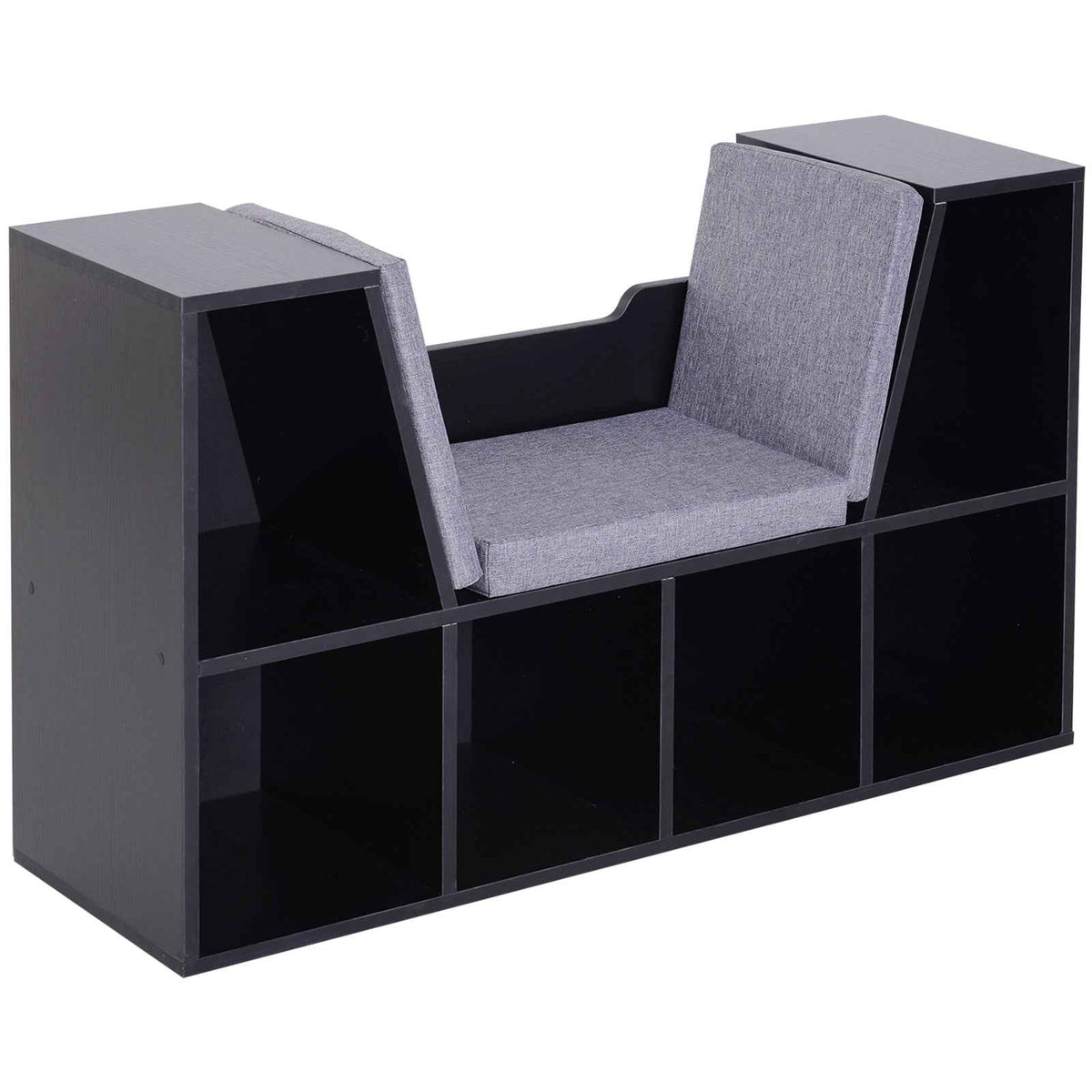 HOMCOM Bookcase Storage Shelf with Cushioned Reading Seat, Cube Bookshelf Organizer for Bedroom Living Room, Black