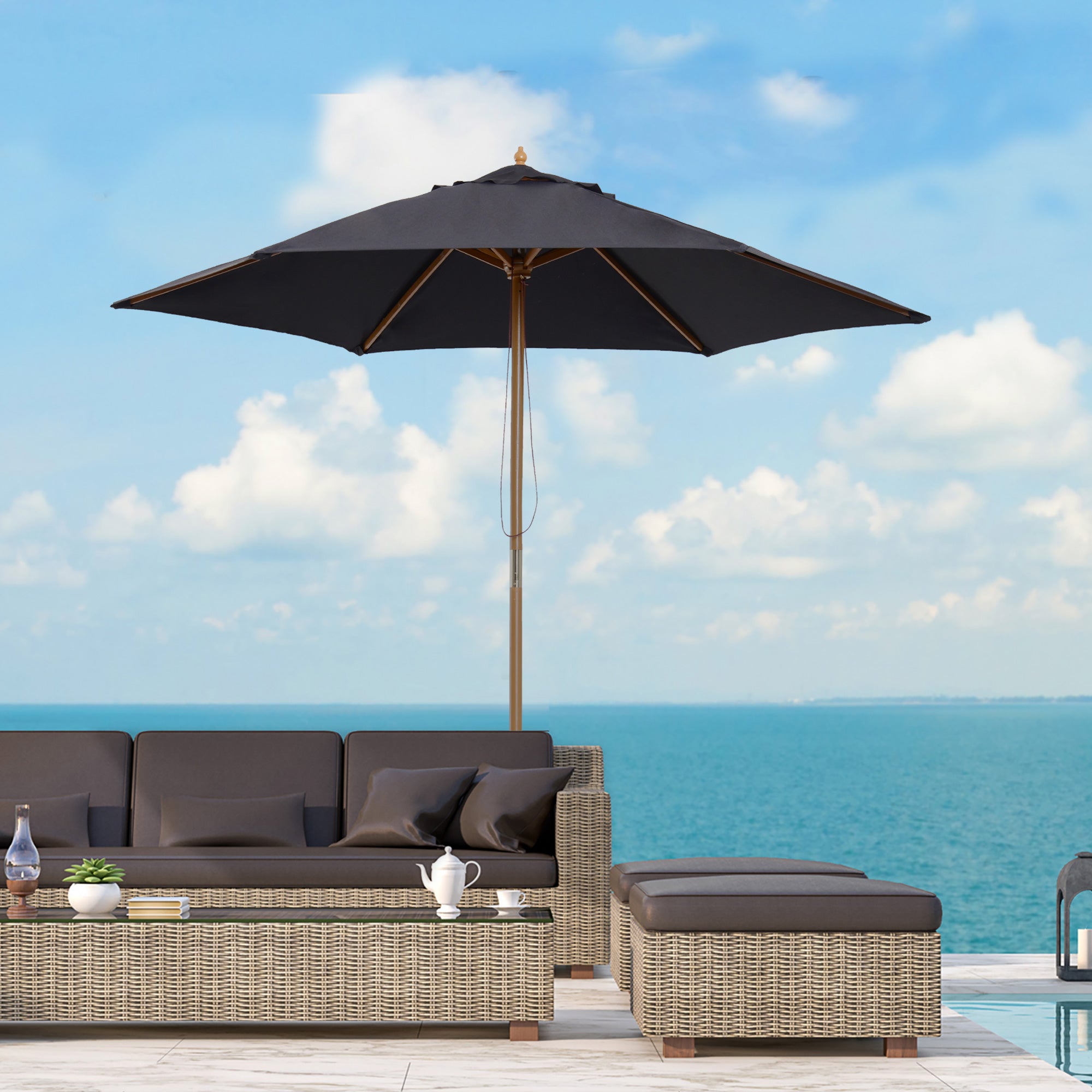 Outsunny 2.5m Wood Garden Parasol Sun Shade Patio Outdoor Wooden Umbrella Canopy Black - North Peak Garden Furniture