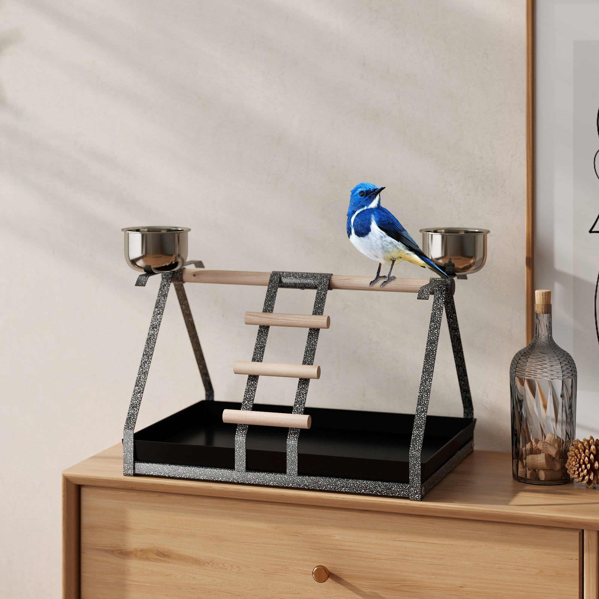 PawHut Parrot Stand Bird Stand w/Wood Perch Ladder Feeder Removable Tray - North Peak Garden Furniture