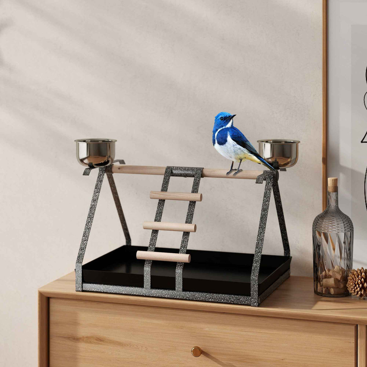 PawHut Parrot Stand Bird Stand w/Wood Perch Ladder Feeder Removable Tray