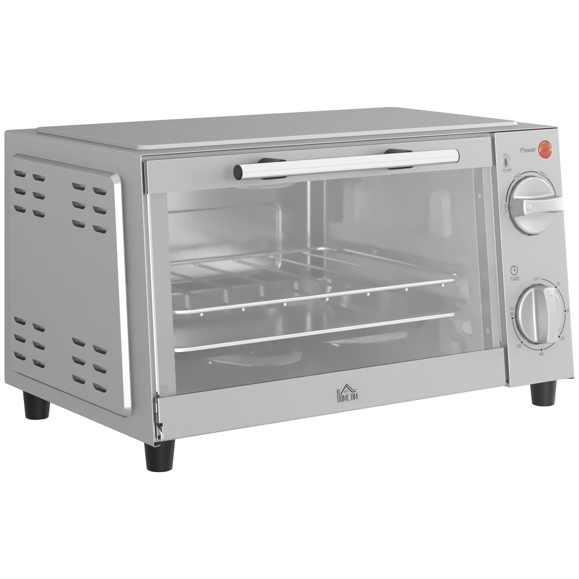 HOMCOM Mini Oven, 9L Countertop Electric Grill, Toaster Oven with Adjustable Temperature, Timer, Dishwasher Safe Baking Tray and Wire Rack, 750W, Silver - North Peak Garden Furniture