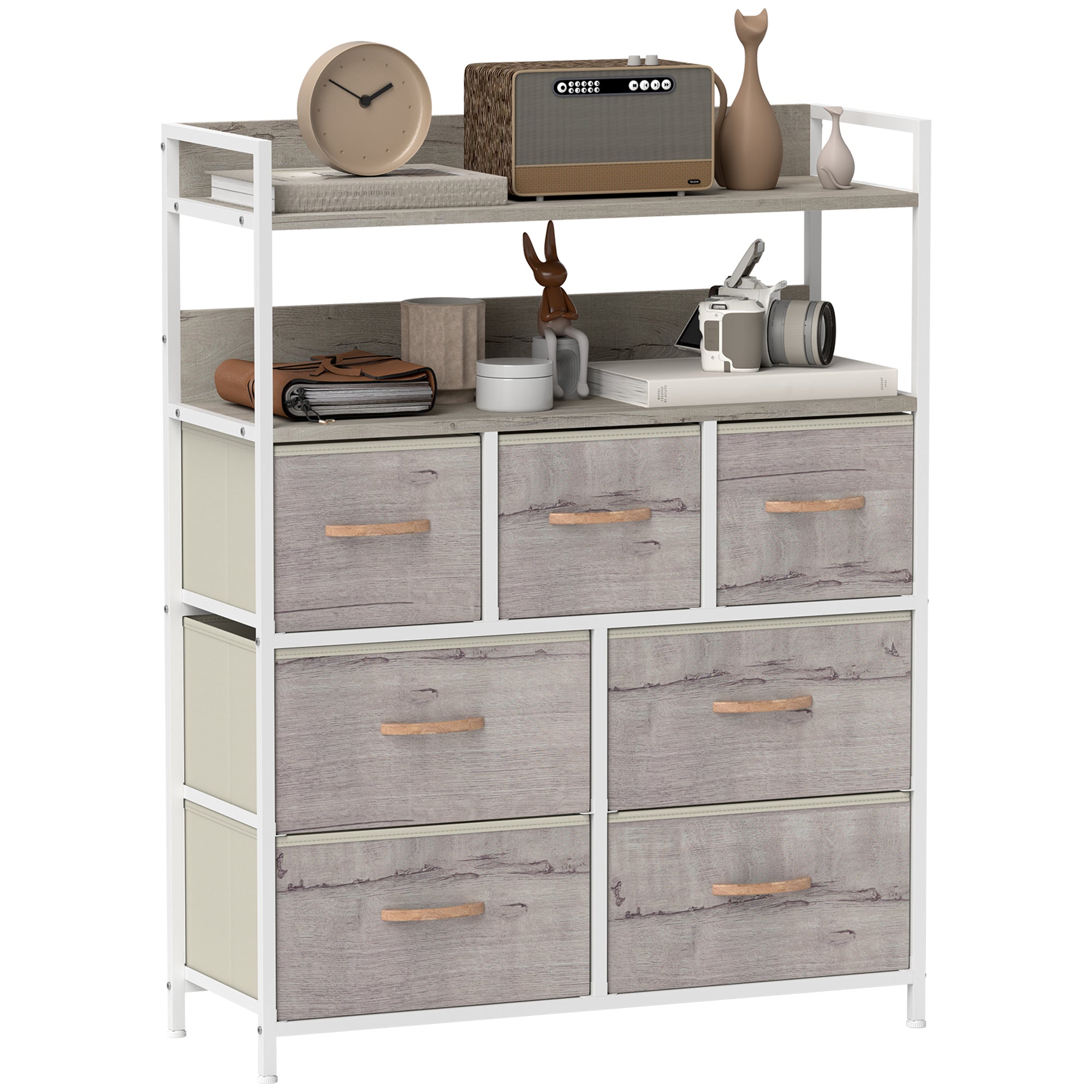 HOMCOM Rustic Chest of Seven Fabric Drawers - Natural Wood Finish - North Peak Garden Furniture