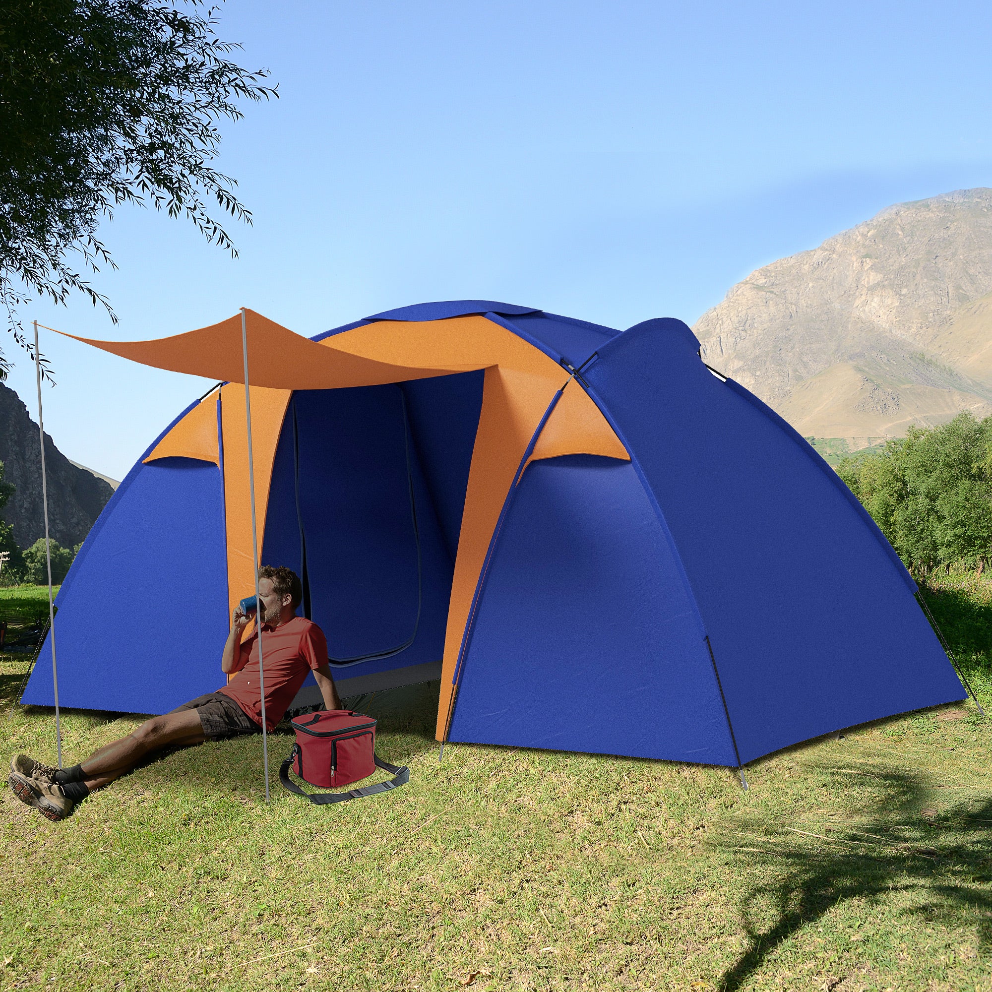 Outsunny Camping Tent with 2 Bedroom, Living Area and Porch, 4-6 Man Large Tunnel Tent, 2000mm Waterproof, Portable with Bag - North Peak Garden Furniture