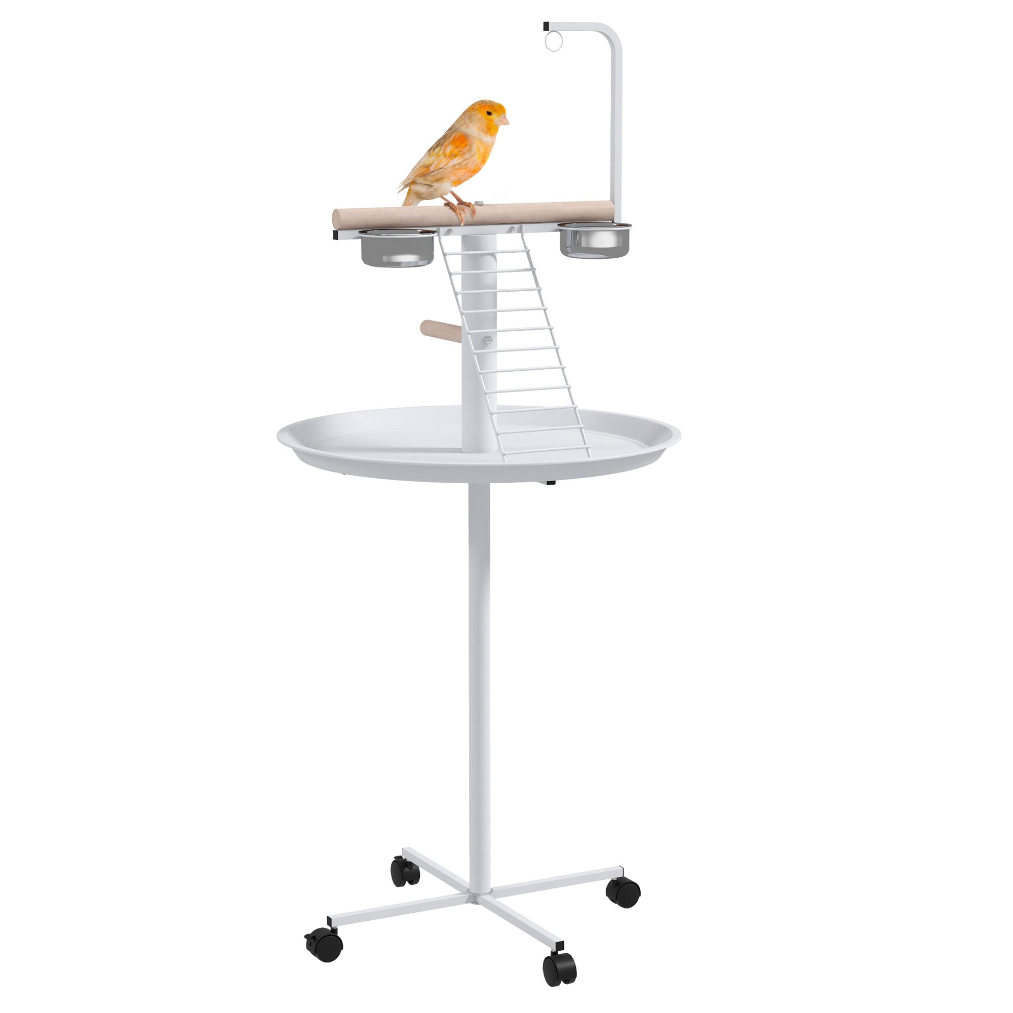 PawHut Bird Stand with Four Wheels, Perches, Stainless Steel Feed Bowls, Round Tray, for Garden, Indoor, Outdoor - White - North Peak Garden Furniture