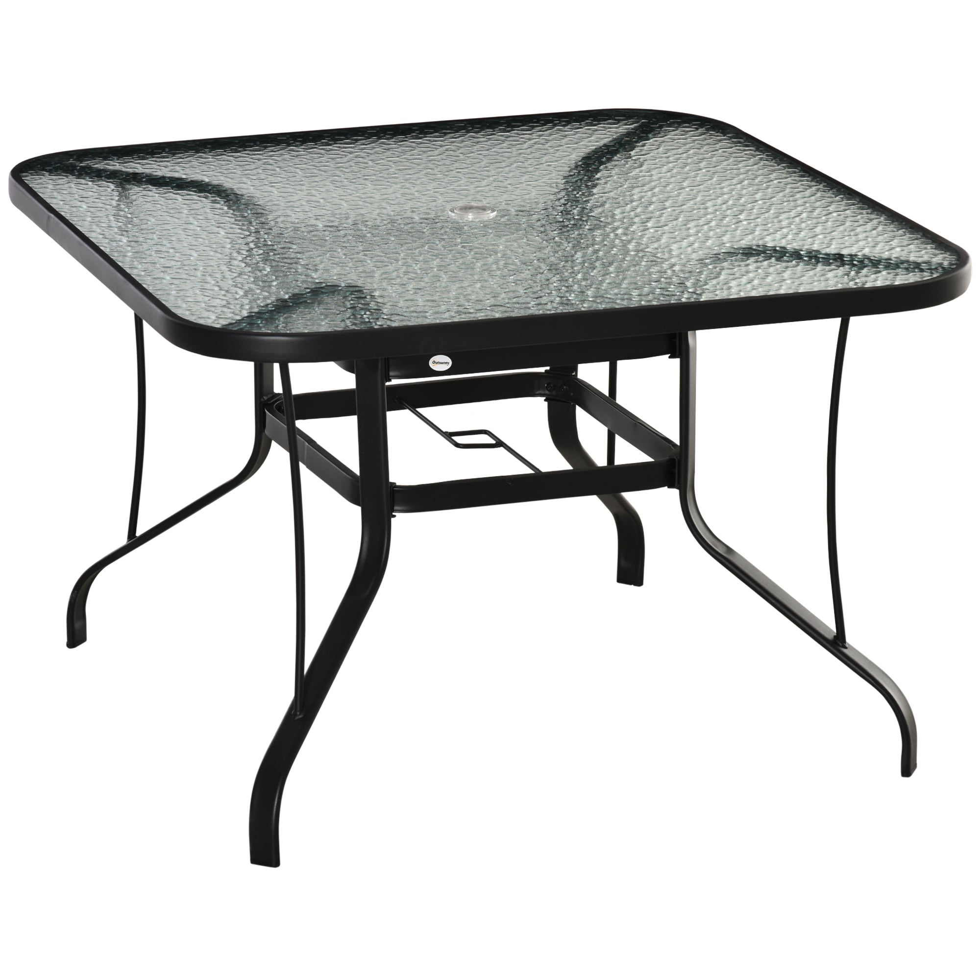 Outsunny Square Outdoor Garden Dining Table with Parasol Hole, Tempered Glass Top, Steel Frame for Garden, Lawn, Patio, Black - North Peak Garden Furniture