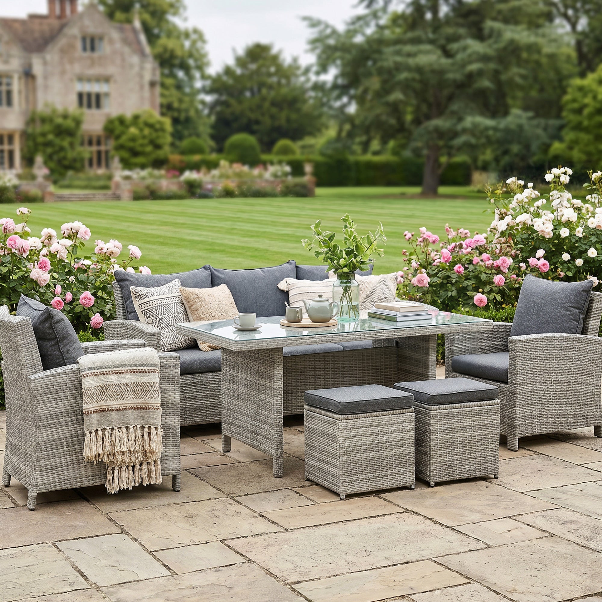 Outsunny 6 Pieces PE Rattan Garden Furniture Set with Three-seat, Armchairs and Footstools, Aluminium Patio Wicker Dining Sets w/ Glass Top Dining Table, Soft Cushion, Light Grey