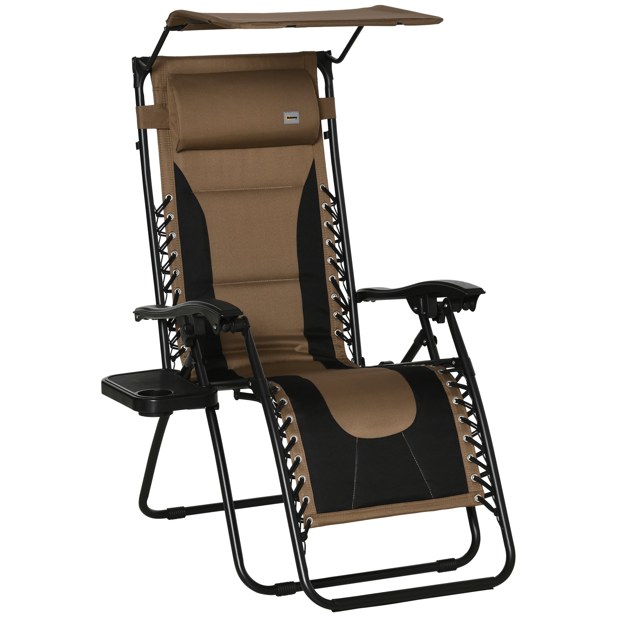 Outsunny Zero Gravity Lounger Chair, Folding Reclining Patio Chair with Shade Cover, Cup Holder, Soft Cushion and Headrest for Poolside, Camping, Brown - North Peak Garden Furniture