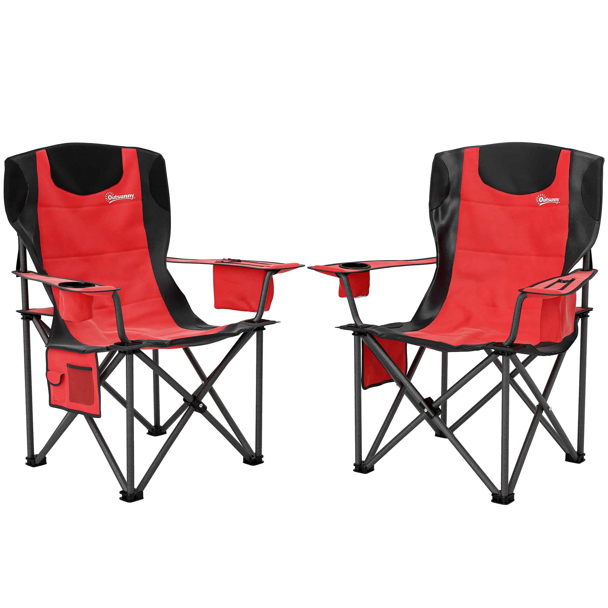 Outsunny Set of 2 Folding Camping Chairs, Padded Camping Chairs with Adjustable Armrests, Portable & Lightweight Folding Camp Chair with Cooler Bag, Cup Holder and Side Pockets, Red - North Peak Garden Furniture