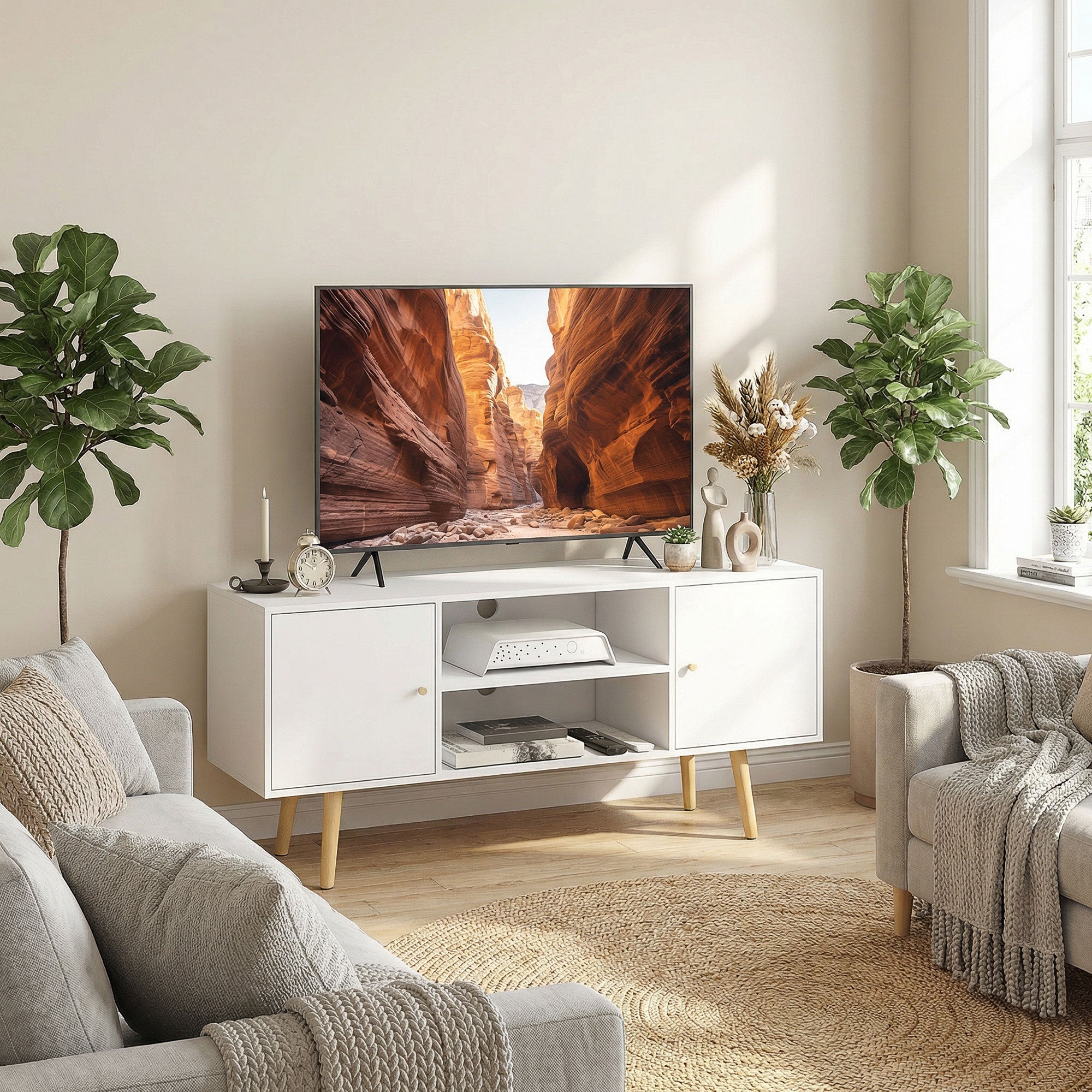 HOMCOM TV Unit Cabinet for TVs up to 55 Inches, TV Stand with Storage Shelves and Wood Legs for Living Room, White