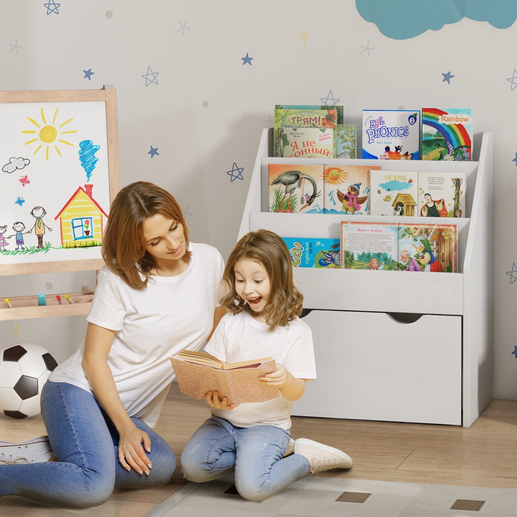 AIYAPLAY Bookcase for Kids with Shelves, Drawer, Bookcase for Bedroom, Playroom, White - North Peak Garden Furniture