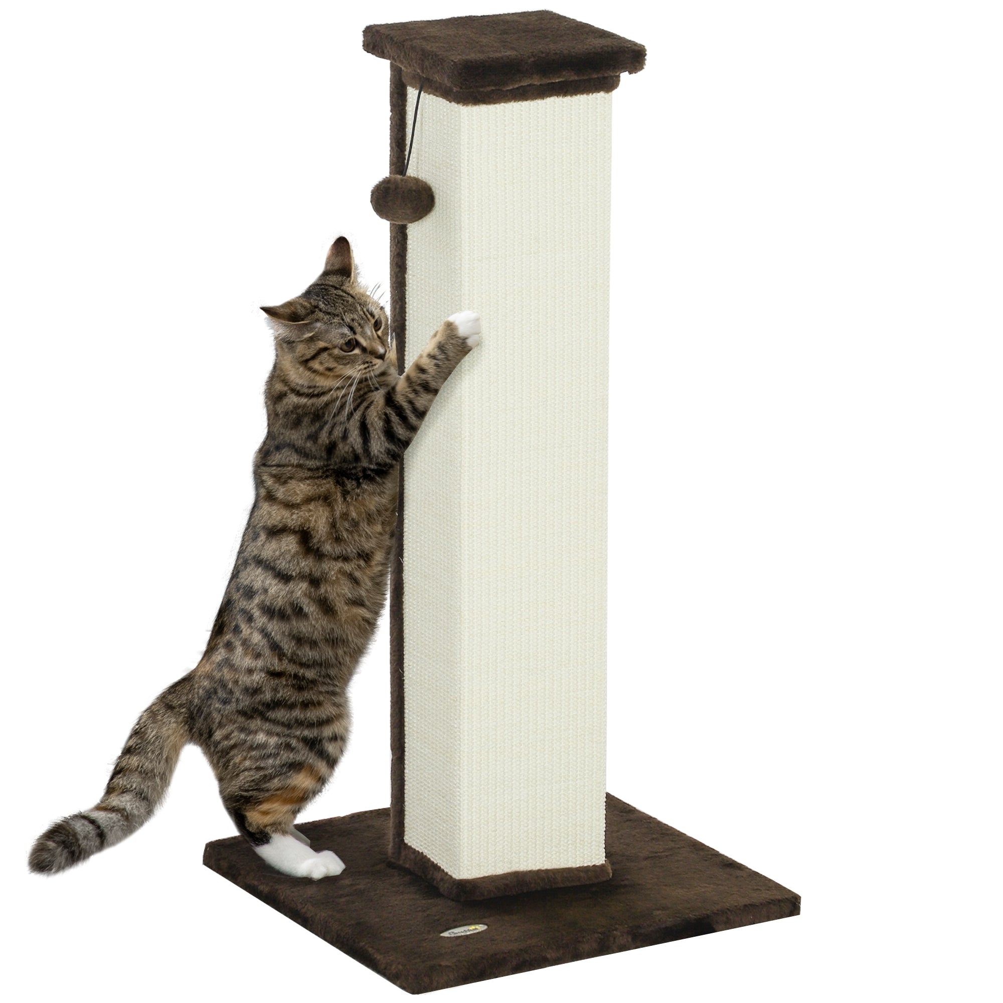 PawHut 81cm Cat Scratcher, Vertical Full Scratcher w/ Natural Sisal Rope, Hanging Ball, Soft Plush - Brown - North Peak Garden Furniture
