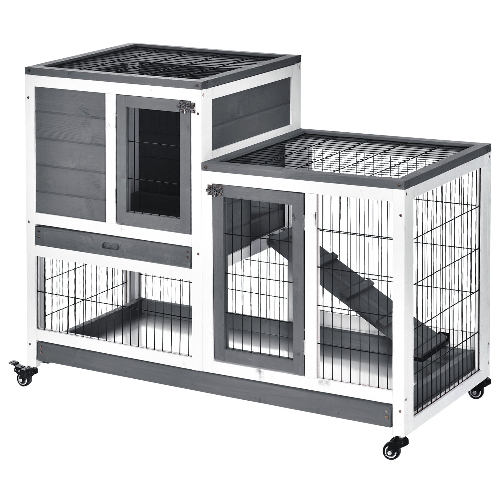 PawHut Wooden Indoor Rabbit Hutch Guinea Pig House Bunny Small Animal Cage W/ Wheels Enclosed Run 110 x 50 x 88 cm, Grey - North Peak Garden Furniture