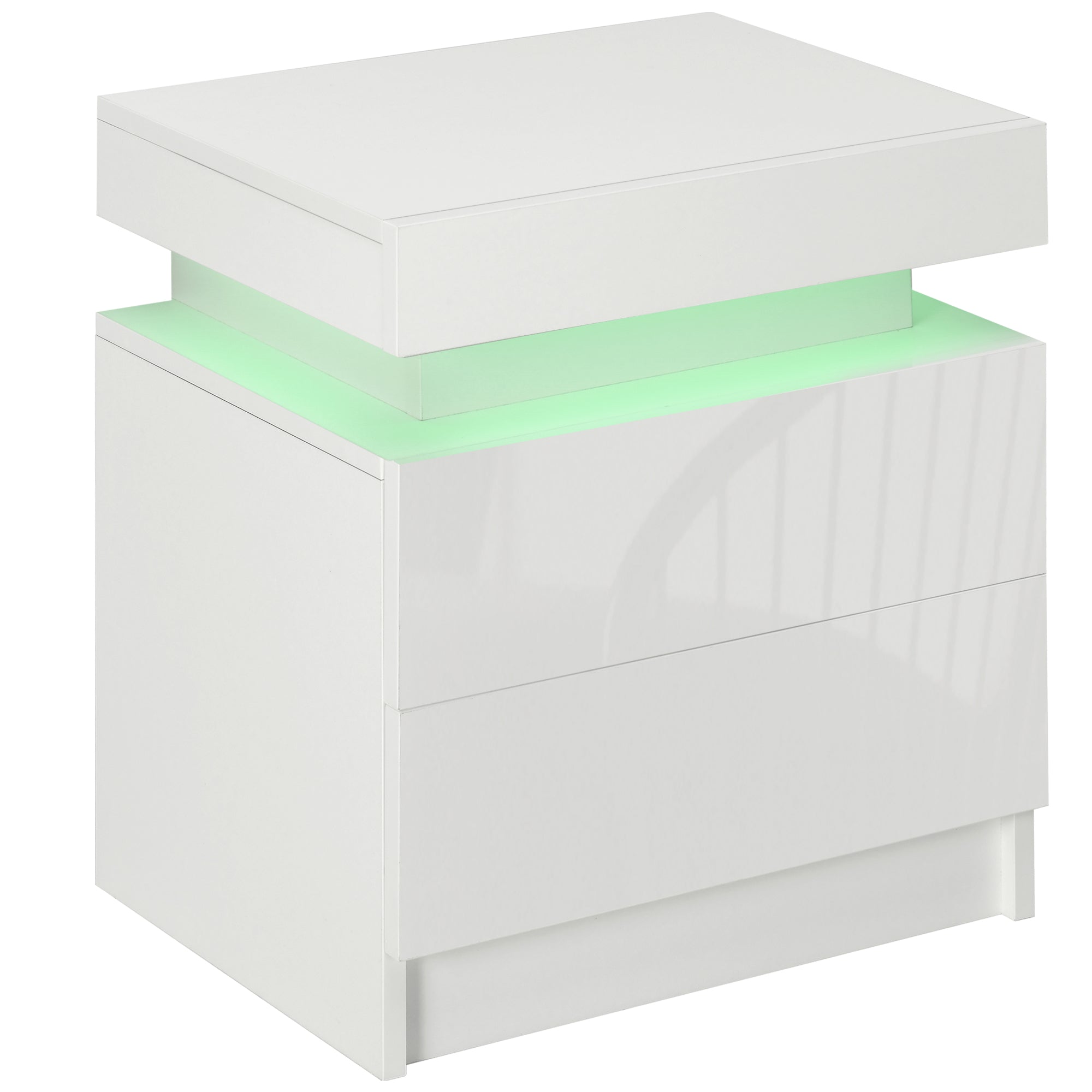 HOMCOM White Bedside Table with LED Light, High Gloss Front Nightstand with 2 Drawers, for Living Room, Bedroom - North Peak Garden Furniture